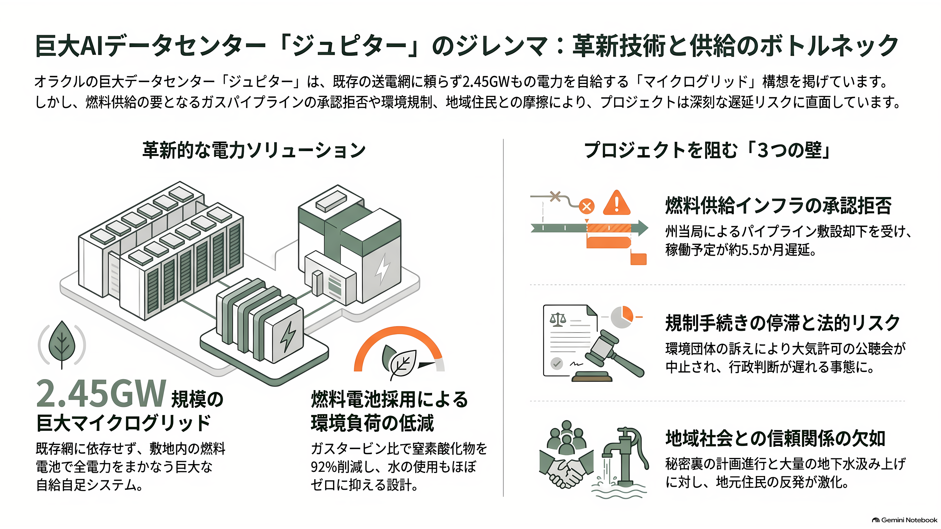 オラクル株(ORCL)、一時8%急落。「不可抗力」通知の報道でOpenAI向けAIデータセンター計画に警戒感 - ガス管1本で止まる理由——発電所を抱え込むデータセンター - 章扉