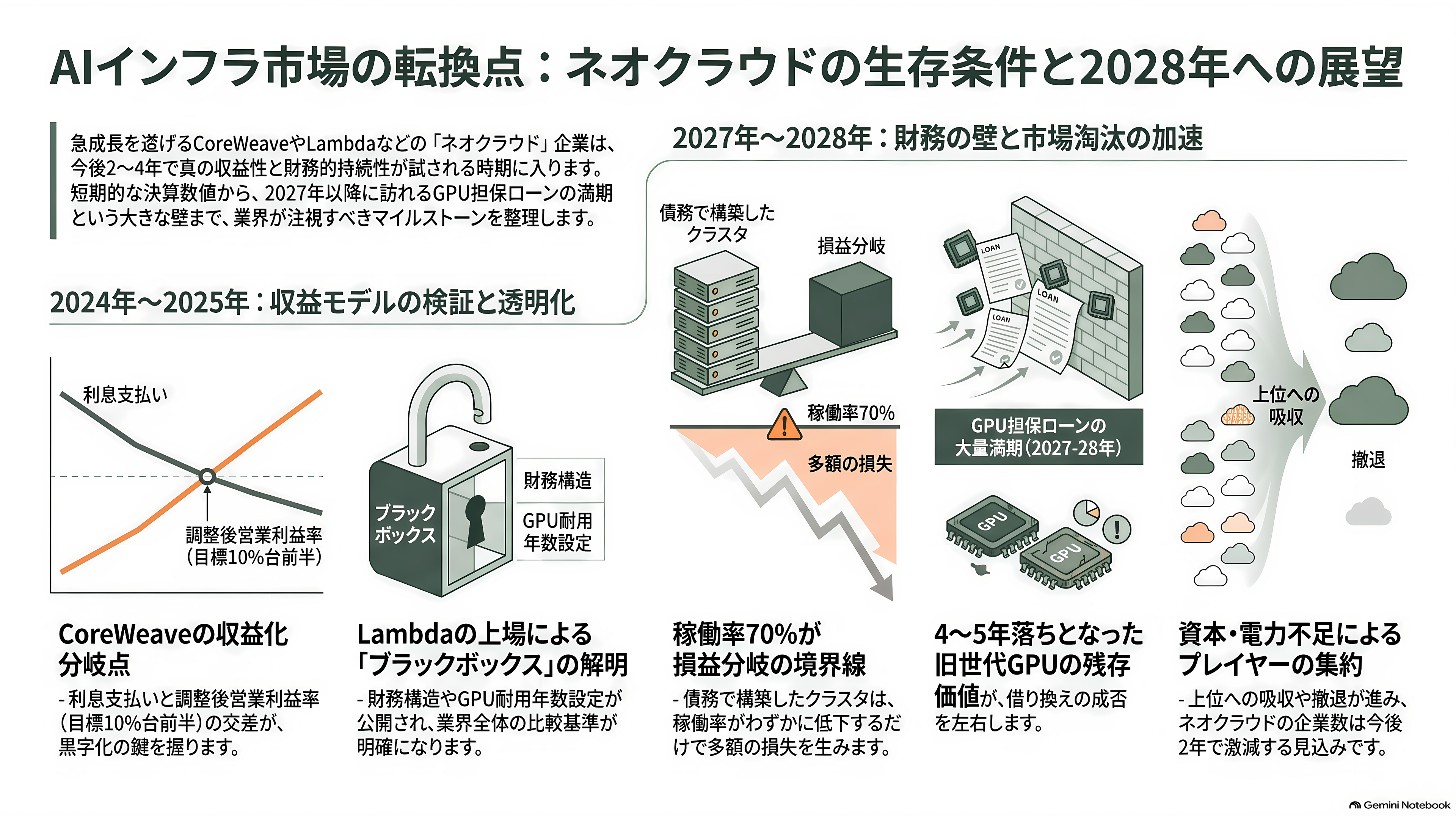 ネオクラウド（CoreWeave / Nebius / Lambda）、借金で建てるGPU - 今後——何が、いつ測れるか - 章扉