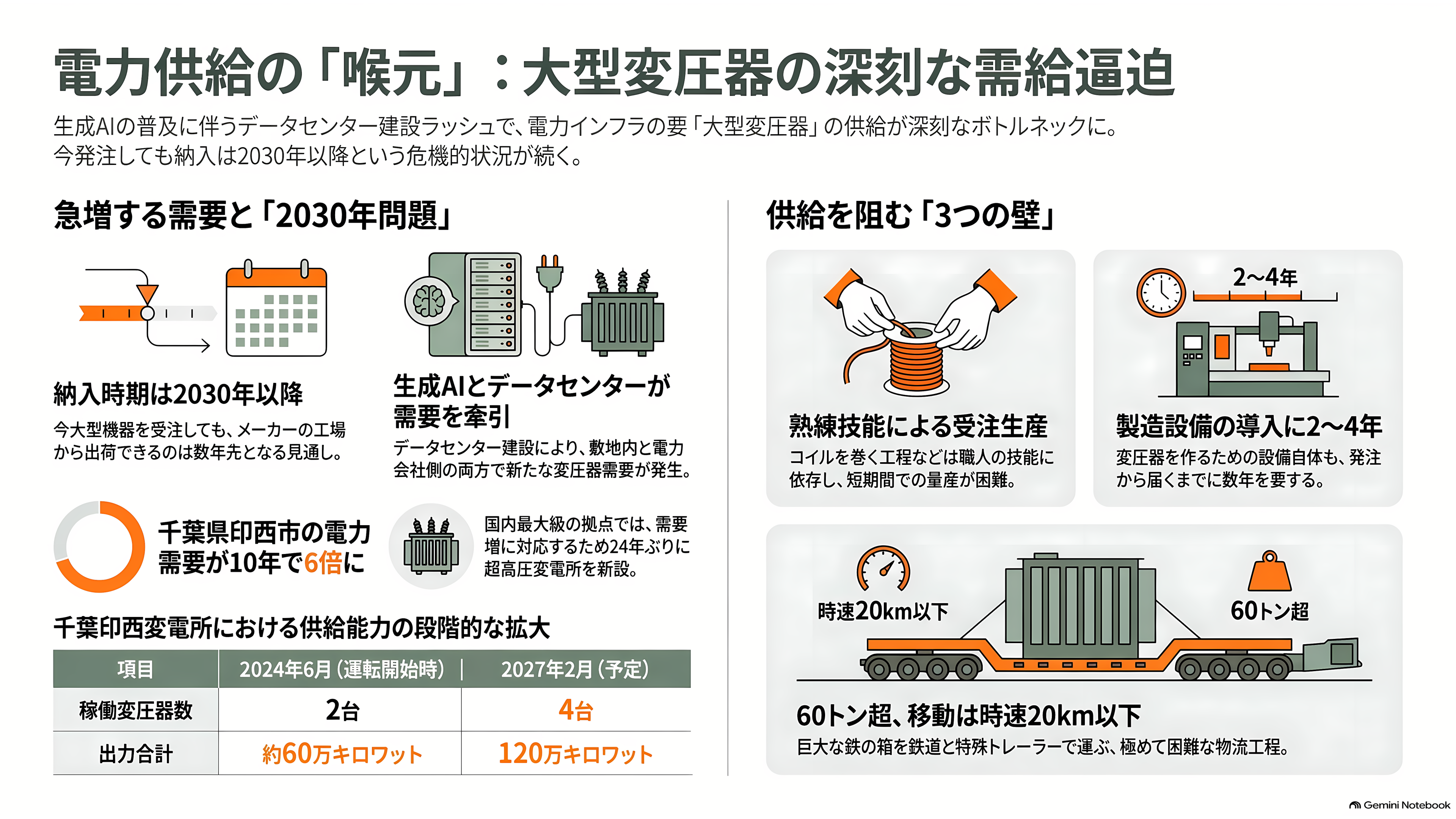 データセンター向け需要増、大型変圧器が全国的に不足。日立（6501）・三菱電機（6503）・富士電機（6504）・東芝 - 深夜0時に動き出す、重さ60トンの鉄の箱 - 章扉