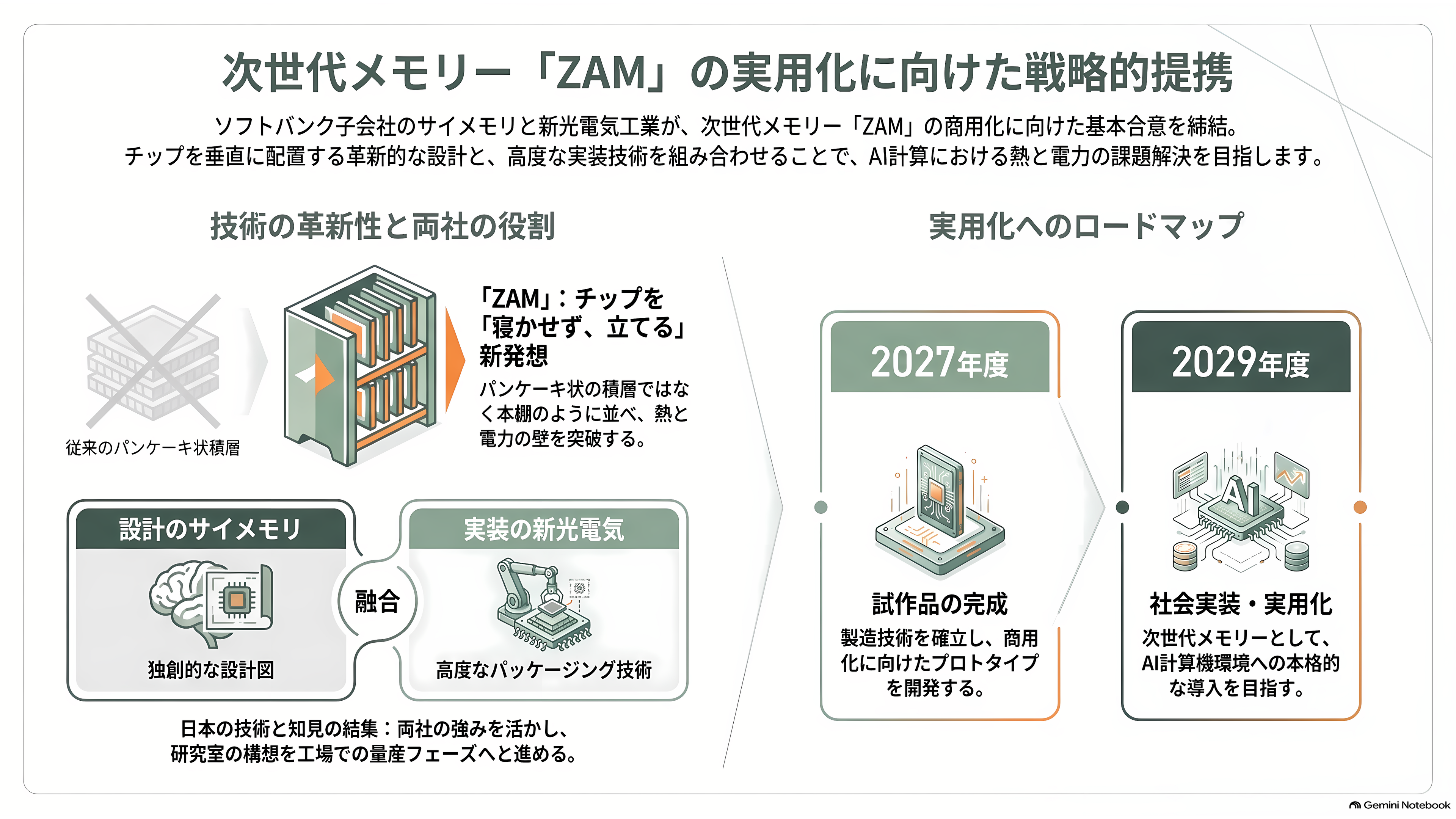 ソフトバンク傘下 SAIMEMORY × 新光電気工業が次世代メモリZAMで協業 - メモリーを「寝かせず、立てる」 - 章扉