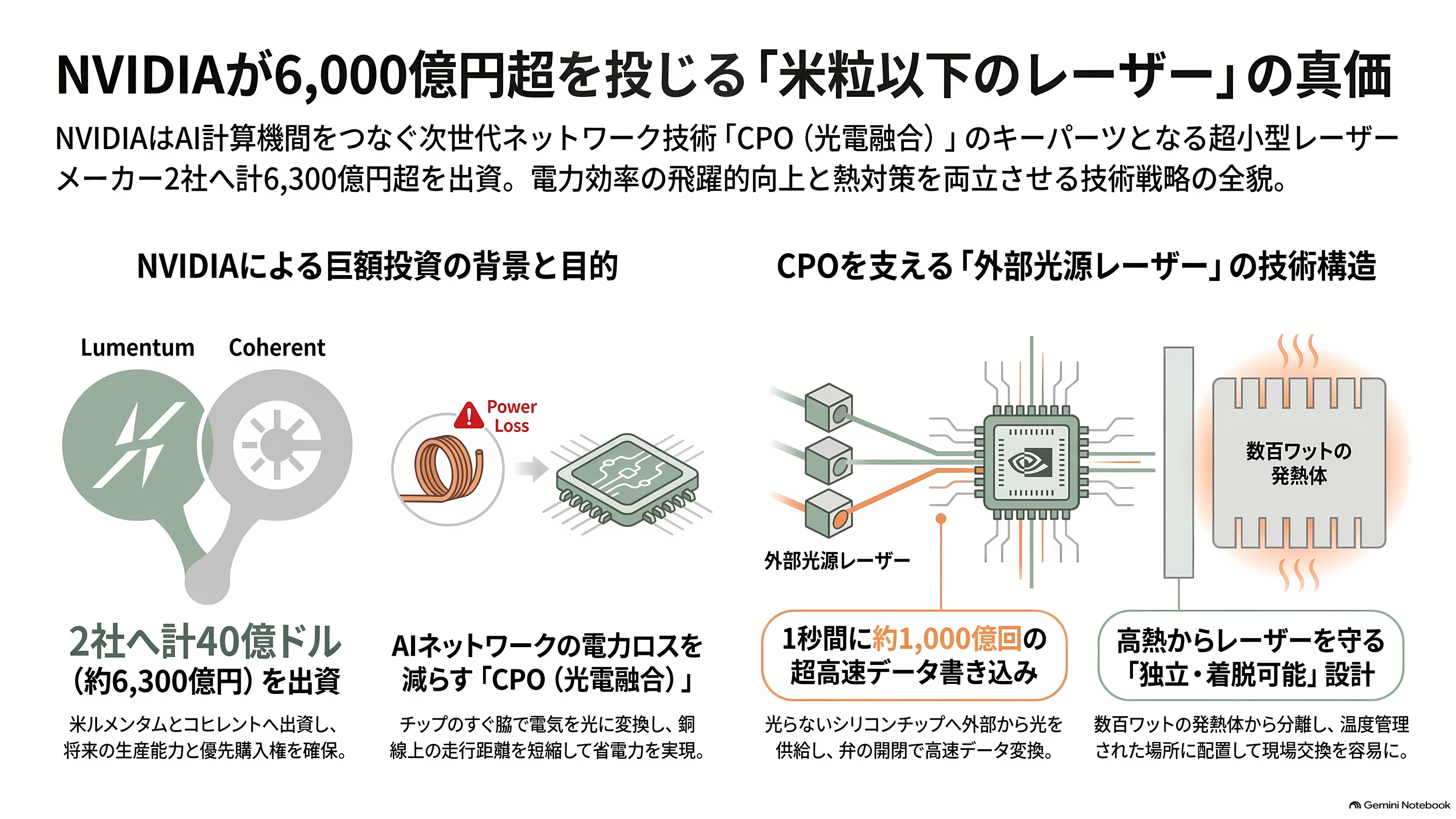 CPO の光源争奪戦。NVIDIA が 2 兆円規模で押さえた Lumentum(LITE)とCoherent(COHR)、追う古河電工(5801)、三菱電機(6503) - 米粒より小さなレーザーに、NVIDIAが6,000億円超を投じた - 章扉