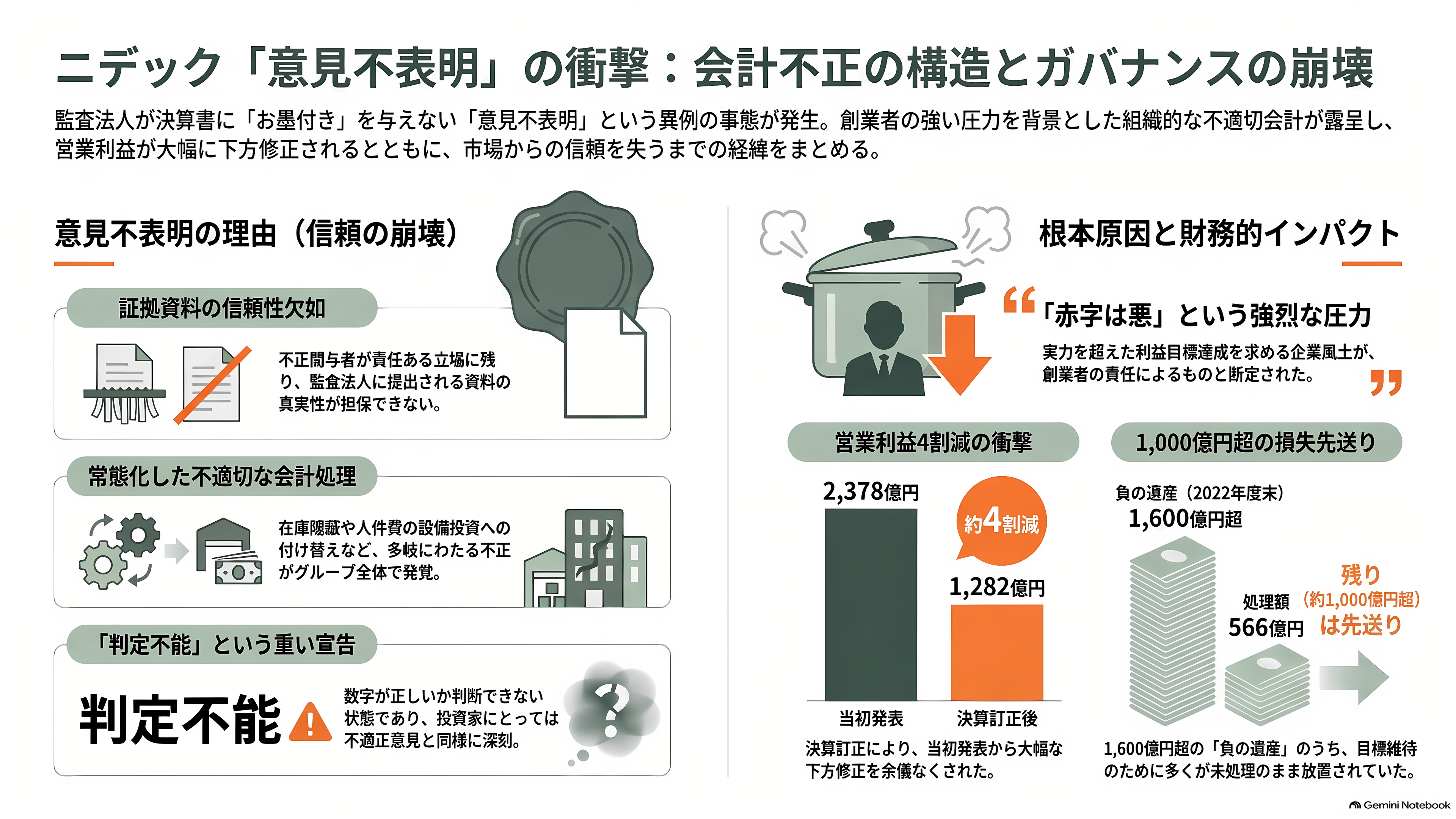 ニデック、最終赤字 5646 億円と 2 年連続の意見不表明。それでも残った HDD モーター 8 割シェアと、AI データセンターの水冷、子会社ニデックコンポーネンツ売却 - 「意見不表明」――監査法人が決算書にお墨付きを出さなかった - 章扉