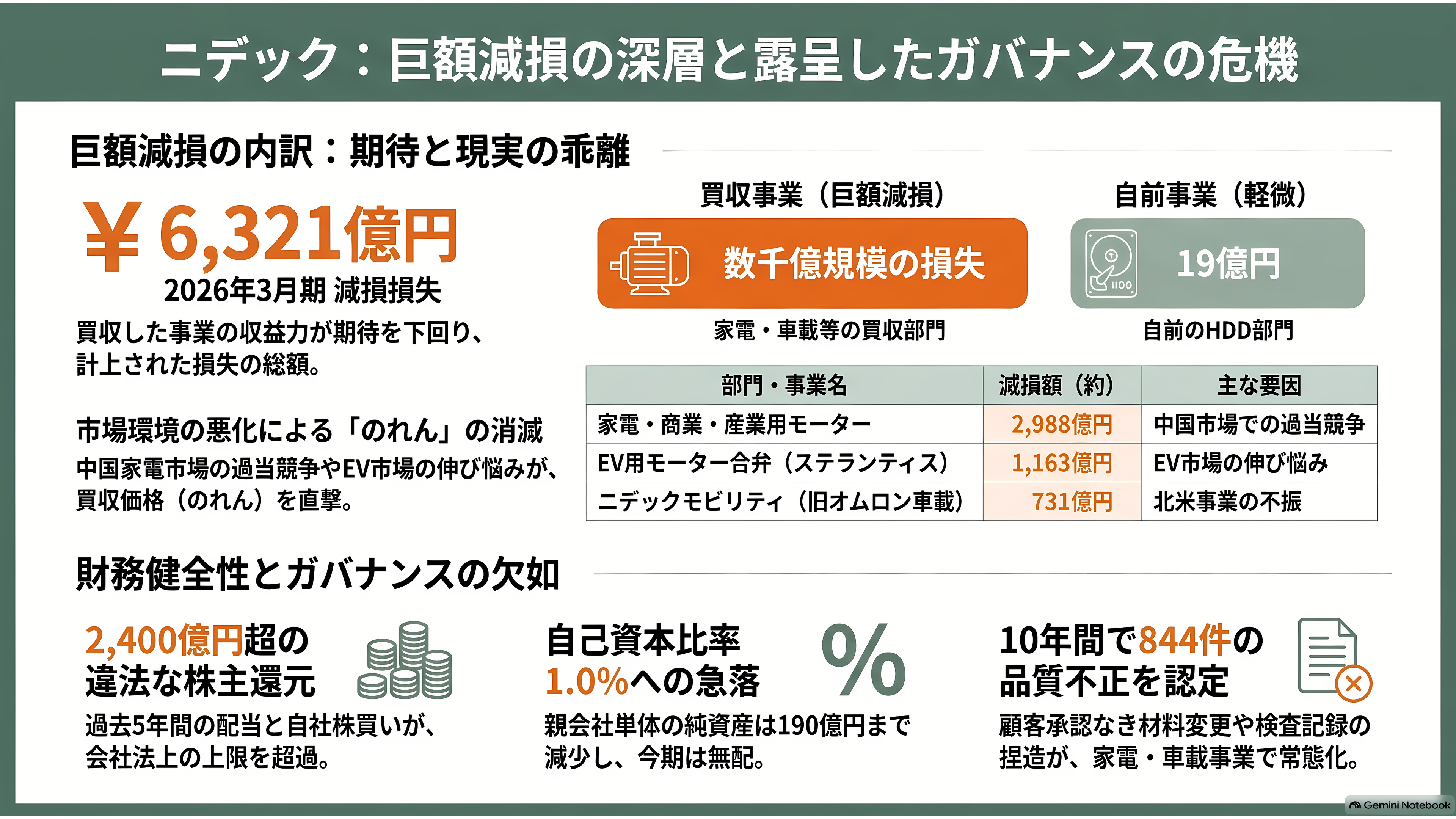 ニデック、最終赤字 5646 億円と 2 年連続の意見不表明。それでも残った HDD モーター 8 割シェアと、AI データセンターの水冷、子会社ニデックコンポーネンツ売却 - 5646億円の中身――買ってきた会社の値札がはがれた - 章扉