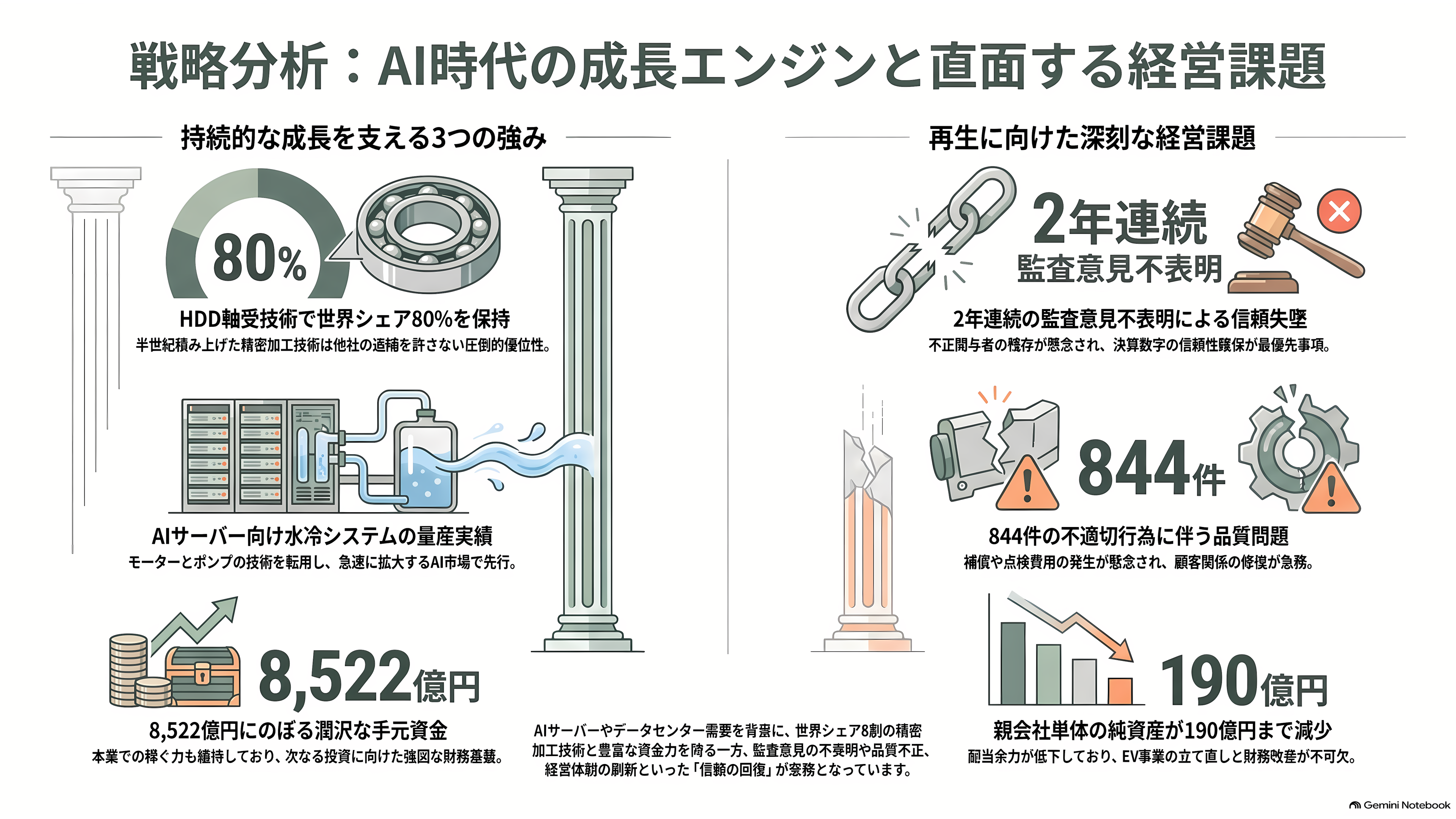 ニデック、最終赤字 5646 億円と 2 年連続の意見不表明。それでも残った HDD モーター 8 割シェアと、AI データセンターの水冷、子会社ニデックコンポーネンツ売却 - 強みと課題 - 章扉
