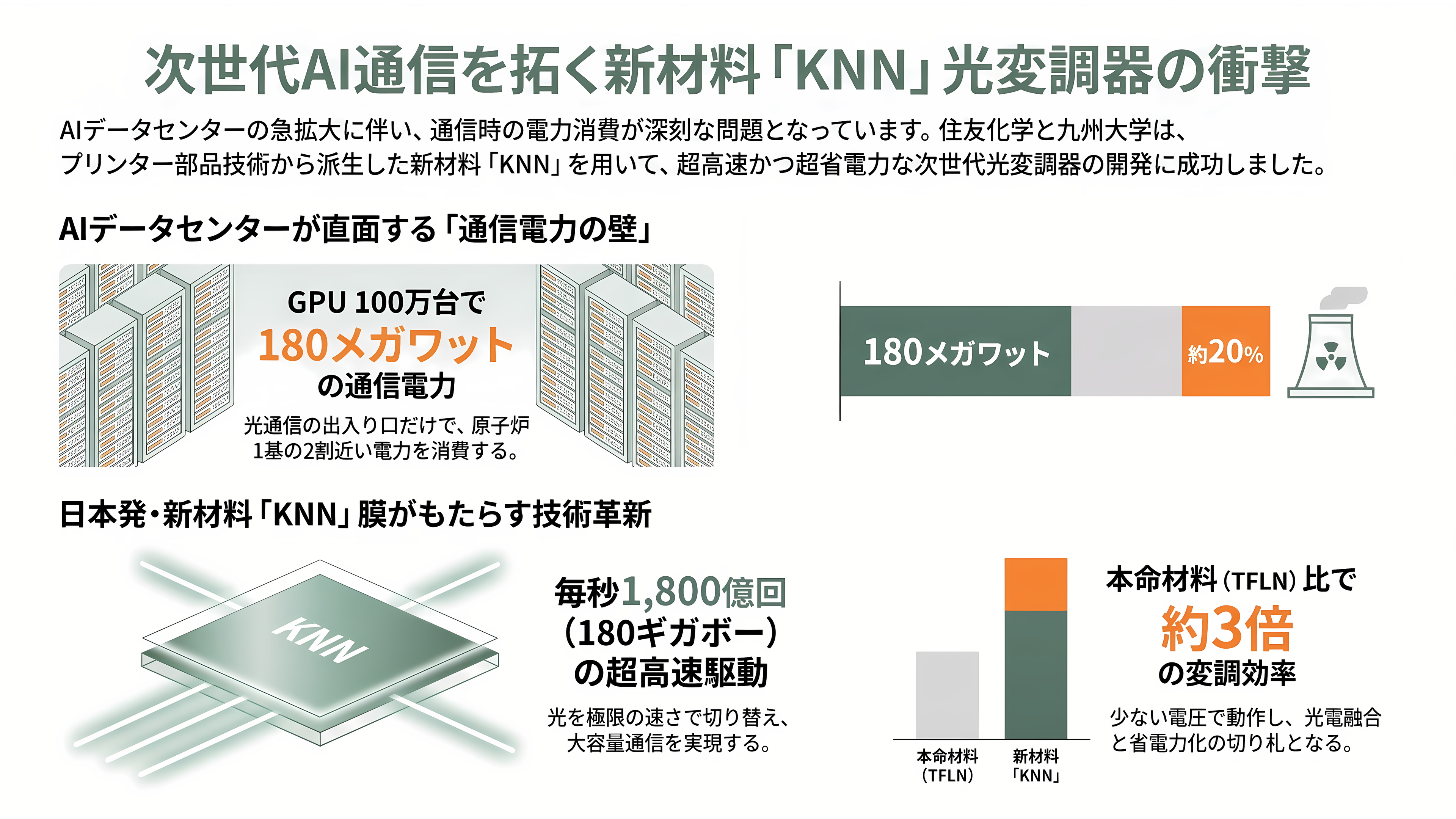 住友化学(4005)と九州大学、TFLN の 3 倍の効率を出す新材料 KNN で光変調器を 180 Gbaud 動作。光電融合の材料争いに化学メーカーが参入 - プリンター部品の膜が、光のシャッターになった - 章扉