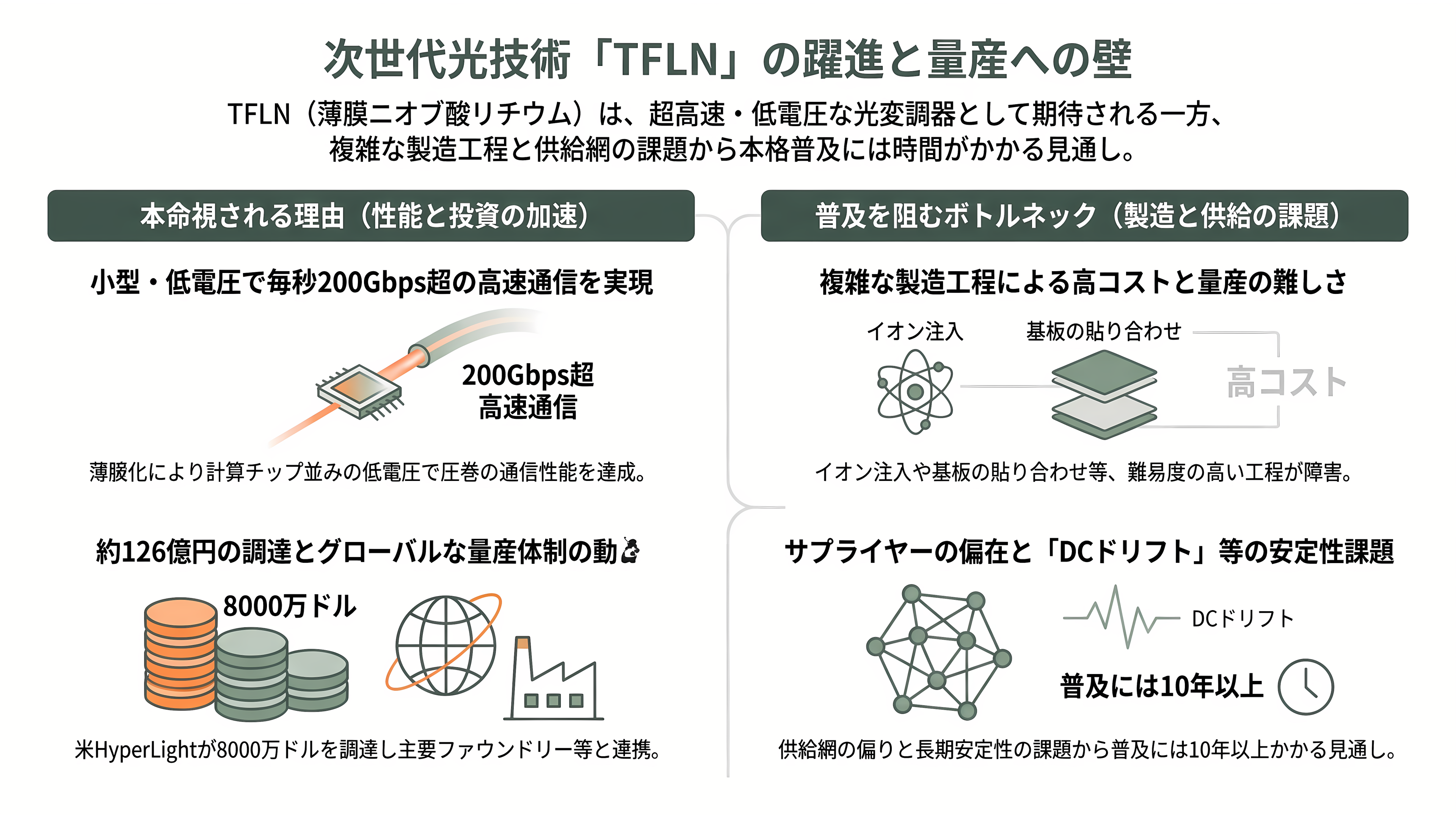 住友化学(4005)と九州大学、TFLN の 3 倍の効率を出す新材料 KNN で光変調器を 180 Gbaud 動作。光電融合の材料争いに化学メーカーが参入 - TFLNはなぜ本命になり、どこでつまずいているのか - 章扉