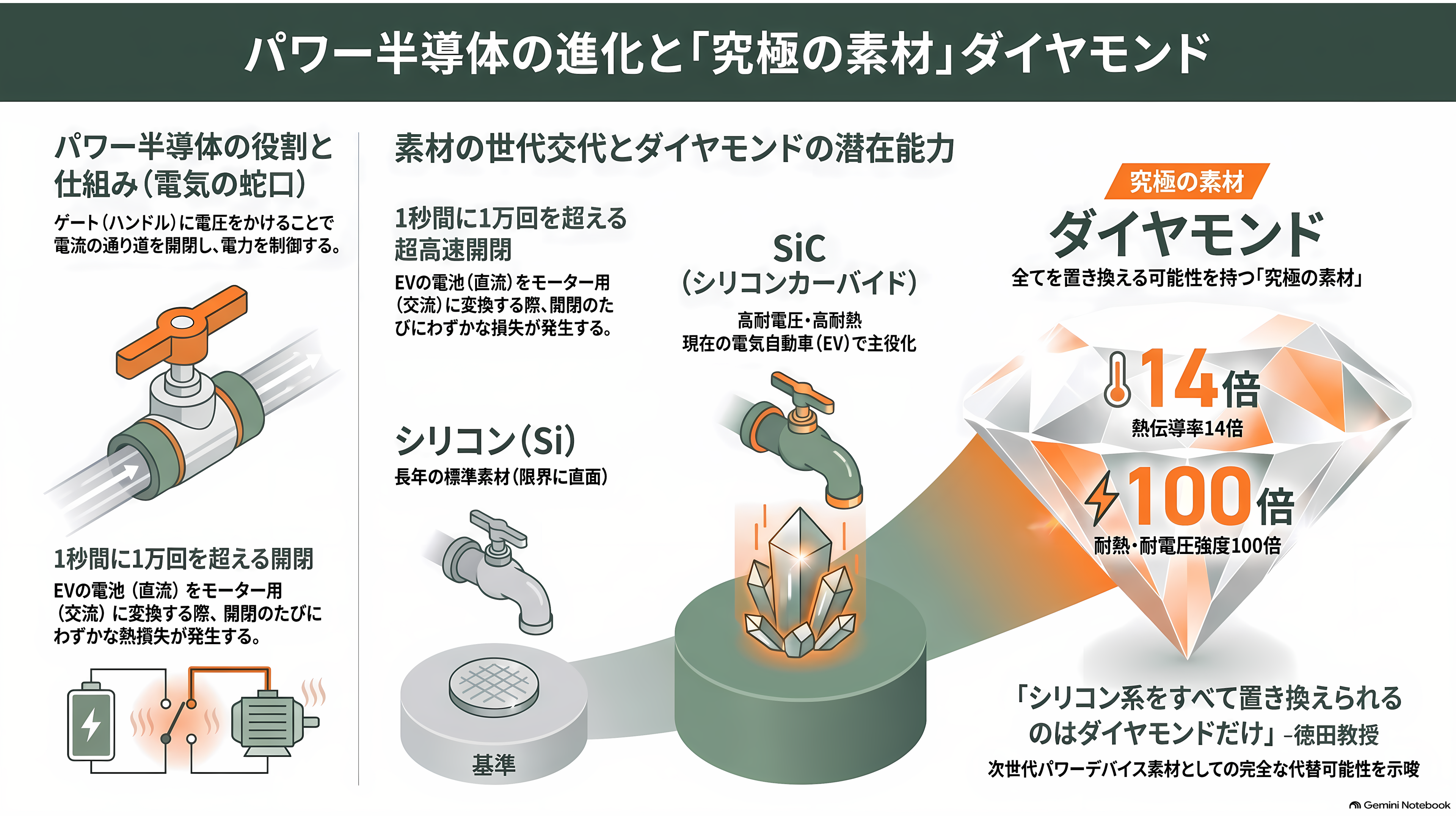 金沢大学の徳田規夫教授らと産総研、トレンチ型反転層ダイヤモンド MOSFET の動作実証に世界で初めて成功 - パワー半導体は「電気の蛇口」 - 章扉