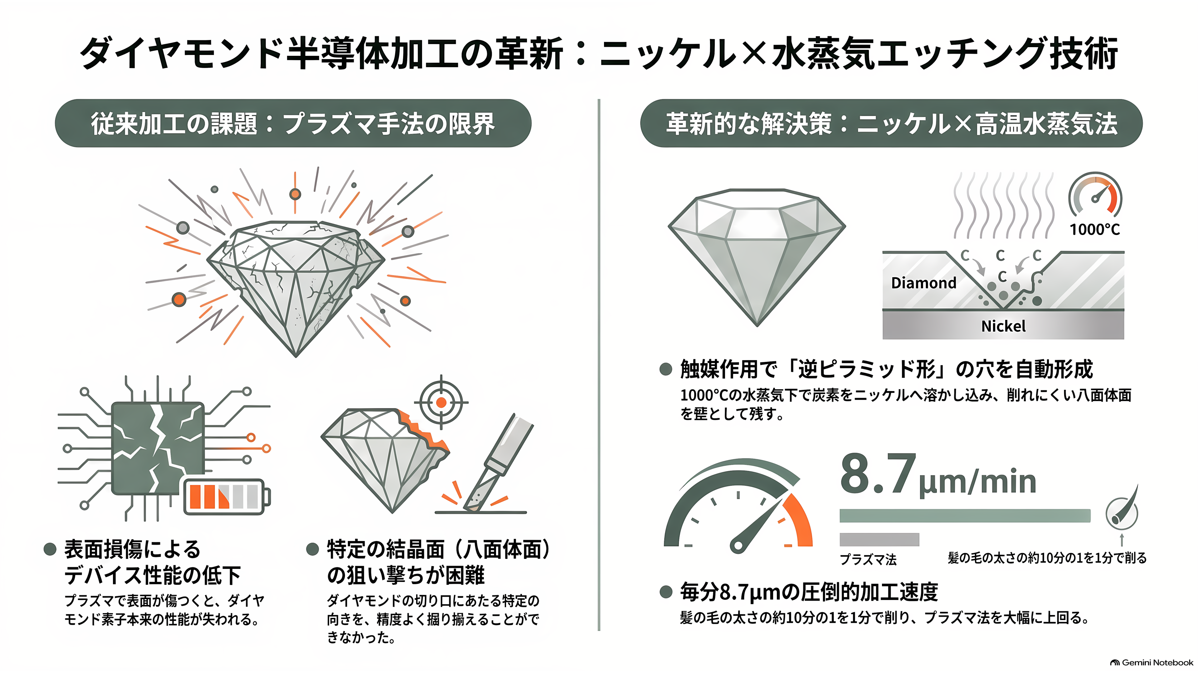金沢大学の徳田規夫教授らと産総研、トレンチ型反転層ダイヤモンド MOSFET の動作実証に世界で初めて成功 - ニッケルと水蒸気で、結晶の面を掘り出す - 章扉