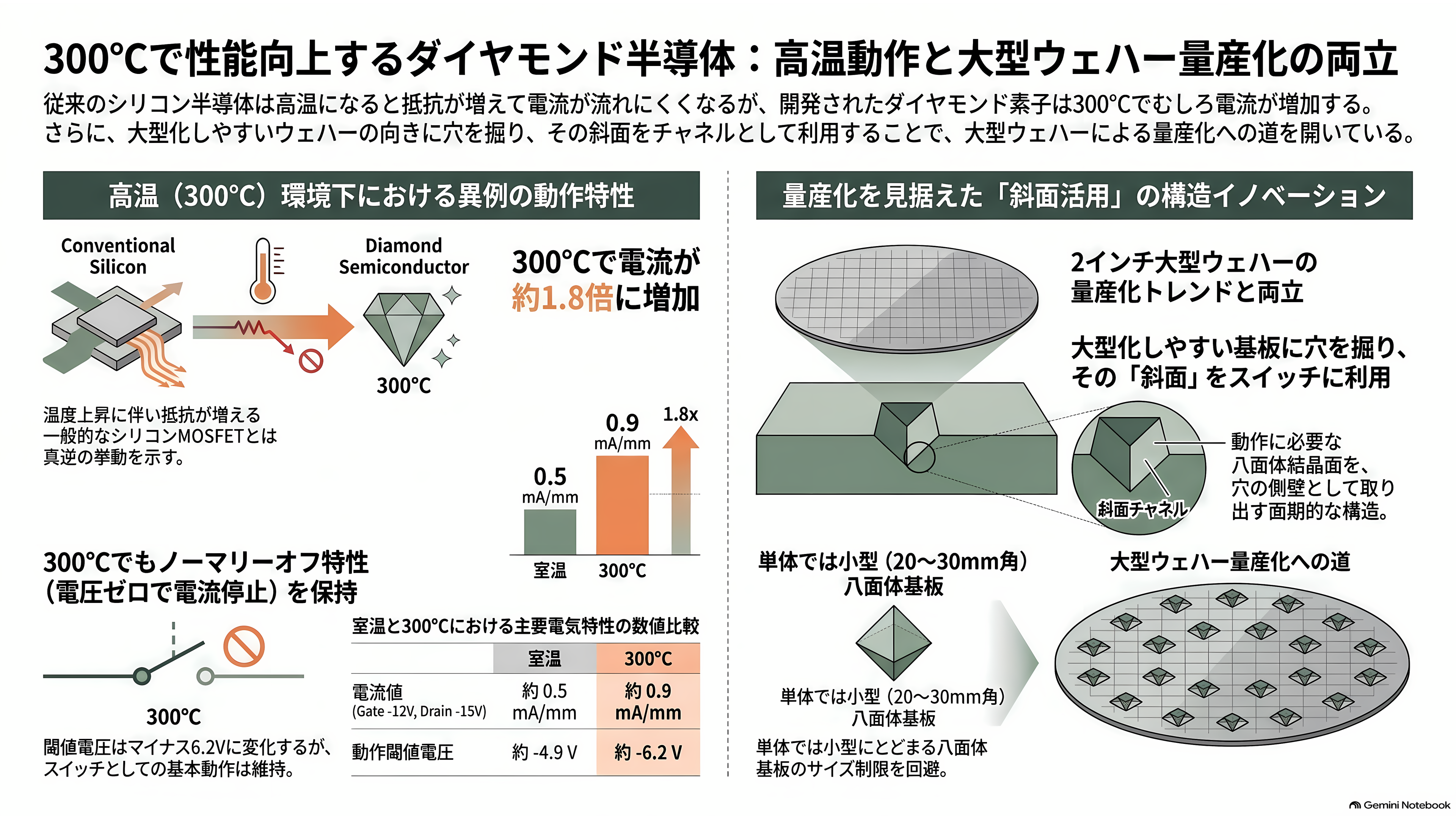 金沢大学の徳田規夫教授らと産総研、トレンチ型反転層ダイヤモンド MOSFET の動作実証に世界で初めて成功 - 300℃で、むしろ電流が増えた - 章扉