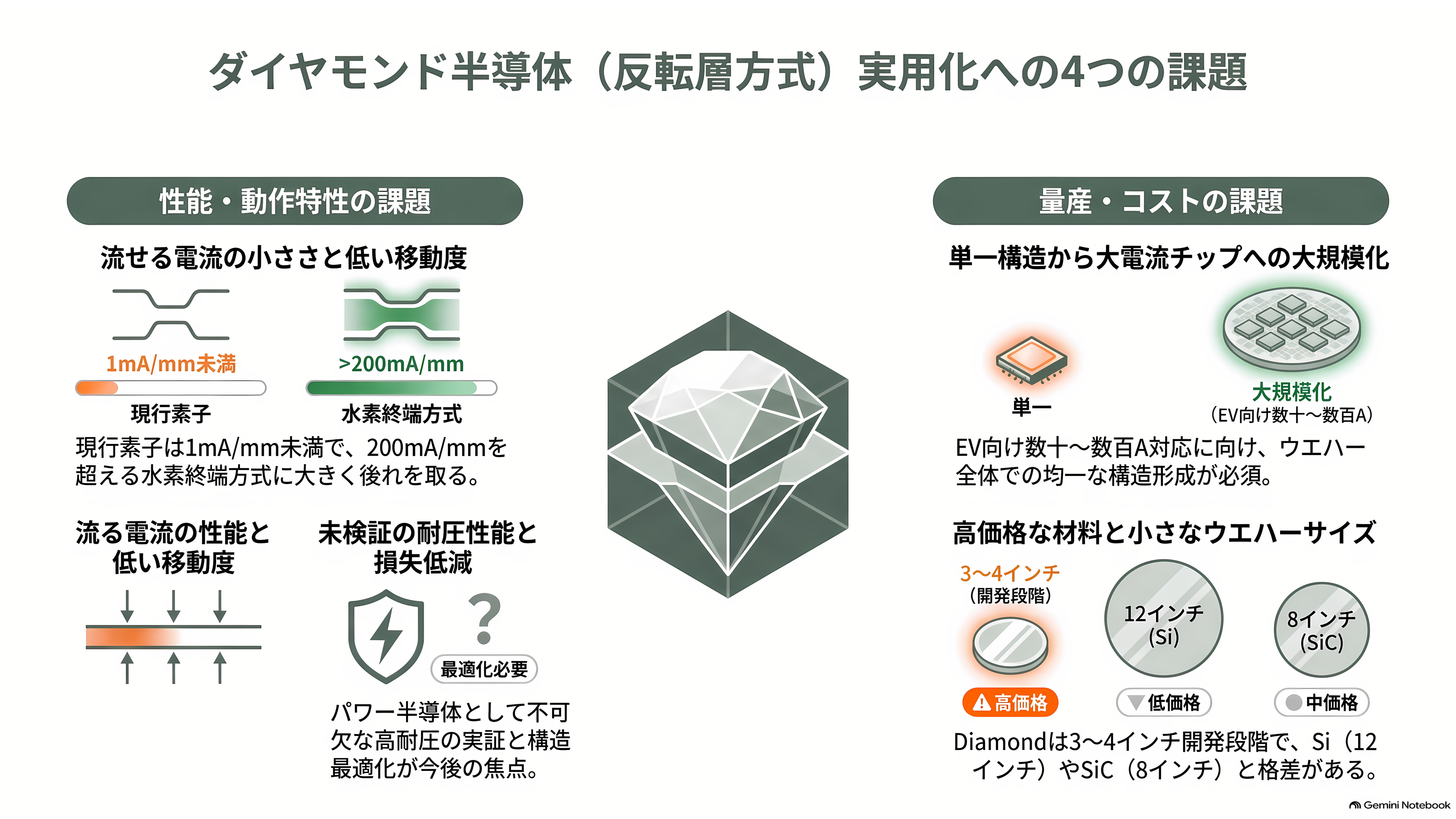 金沢大学の徳田規夫教授らと産総研、トレンチ型反転層ダイヤモンド MOSFET の動作実証に世界で初めて成功 - 課題——電流はまだ細く、耐圧はこれから - 章扉