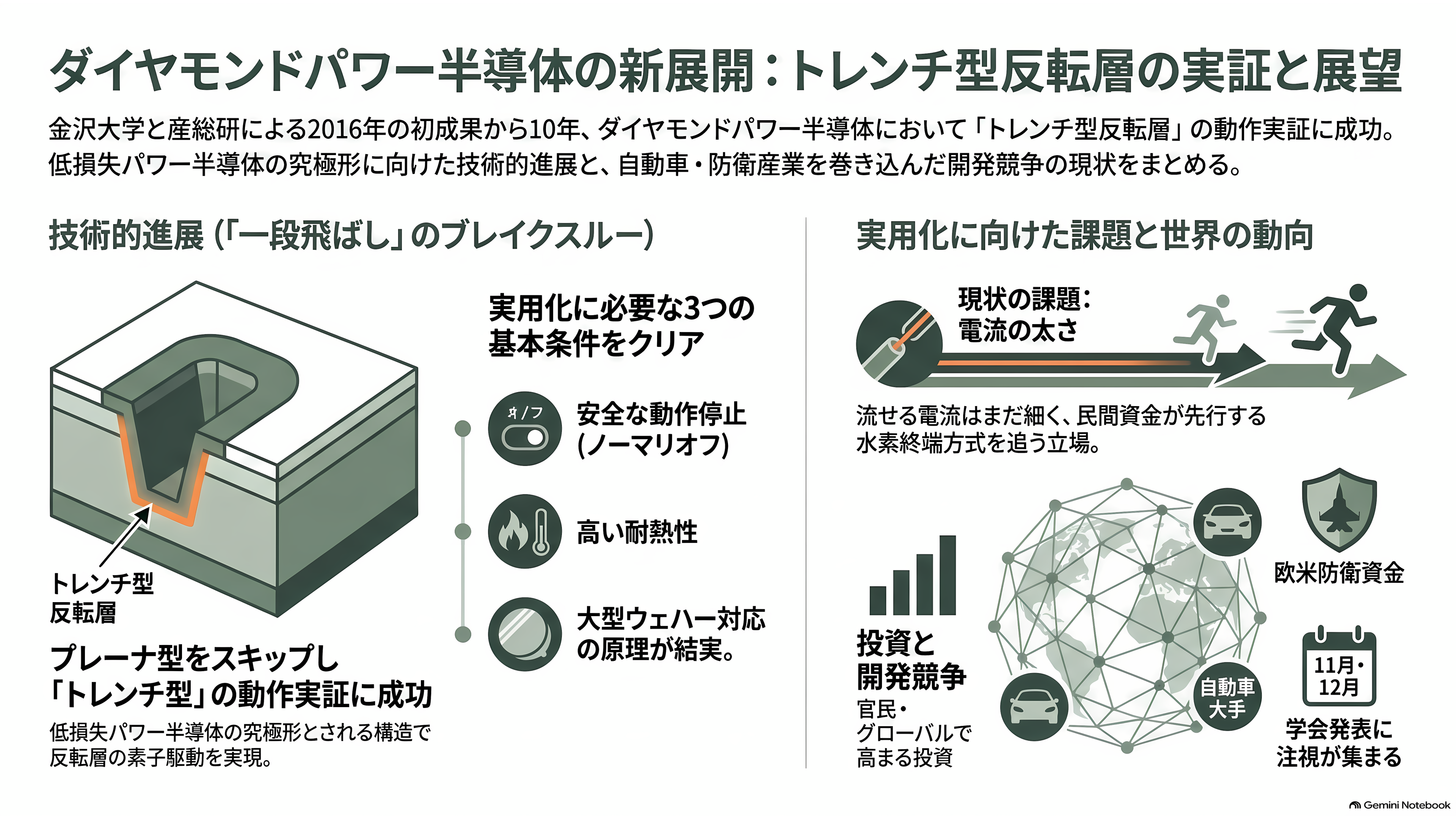 金沢大学の徳田規夫教授らと産総研、トレンチ型反転層ダイヤモンド MOSFET の動作実証に世界で初めて成功 - 「一段飛ばし」の先にあるもの - 章扉