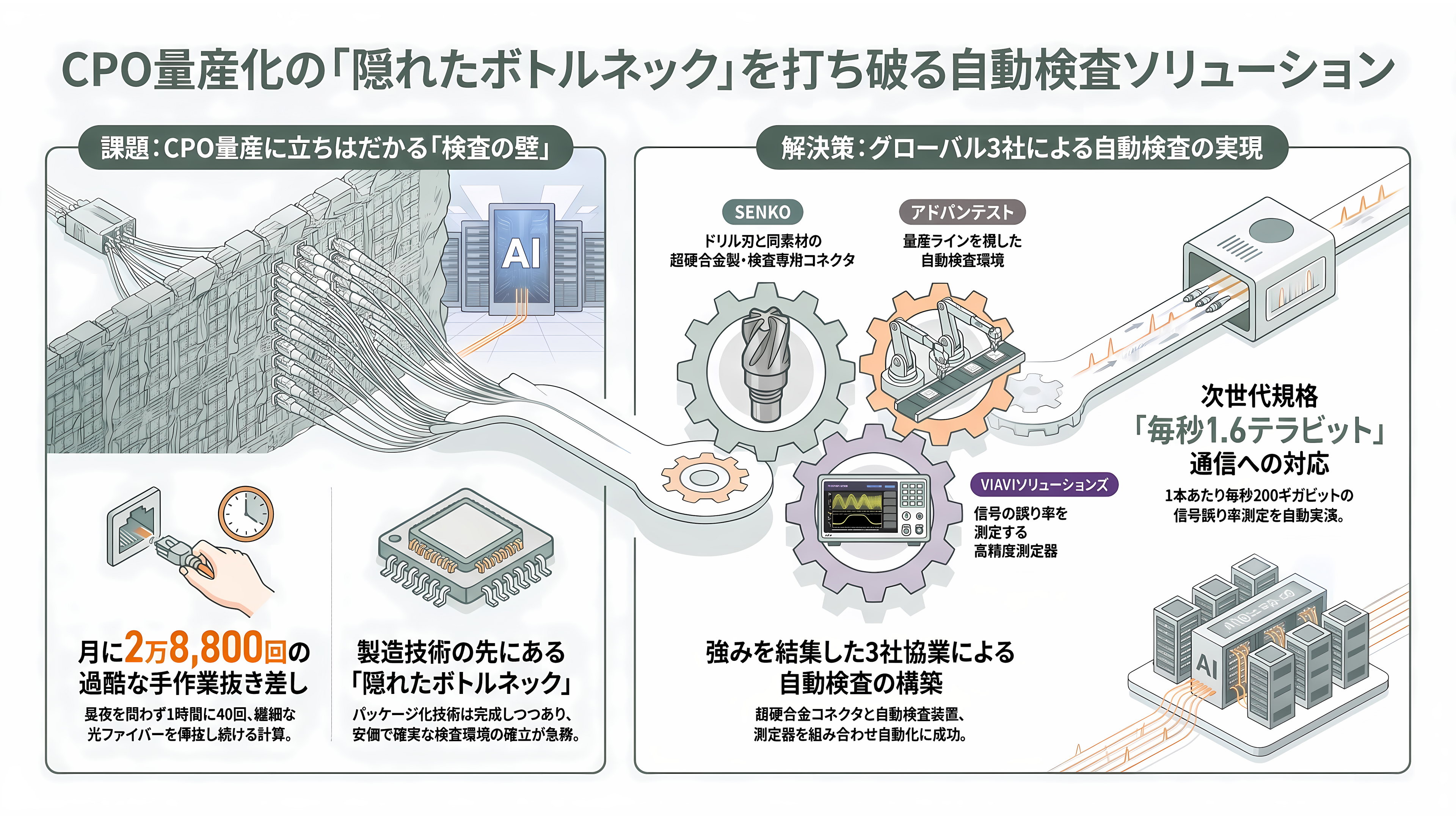 アドバンテスト（6857）、CPO 量産の最後の壁、検査に参入。SENKO、VIAVIと組む自動検査と、光コネクタの標準化争い - 1か月で2万8,800回、光の差し込み口を抜き差しする - 章扉
