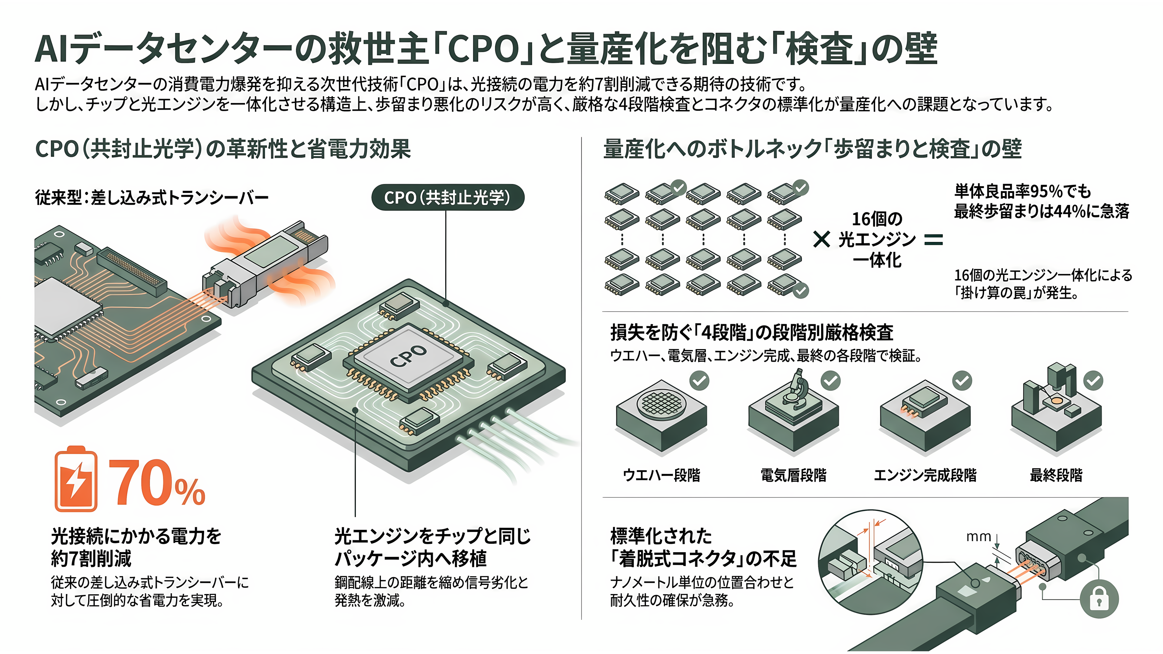 アドバンテスト（6857）、CPO 量産の最後の壁、検査に参入。SENKO、VIAVIと組む自動検査と、光コネクタの標準化争い - CPOとは何か、なぜ検査が「最後の壁」なのか - 章扉