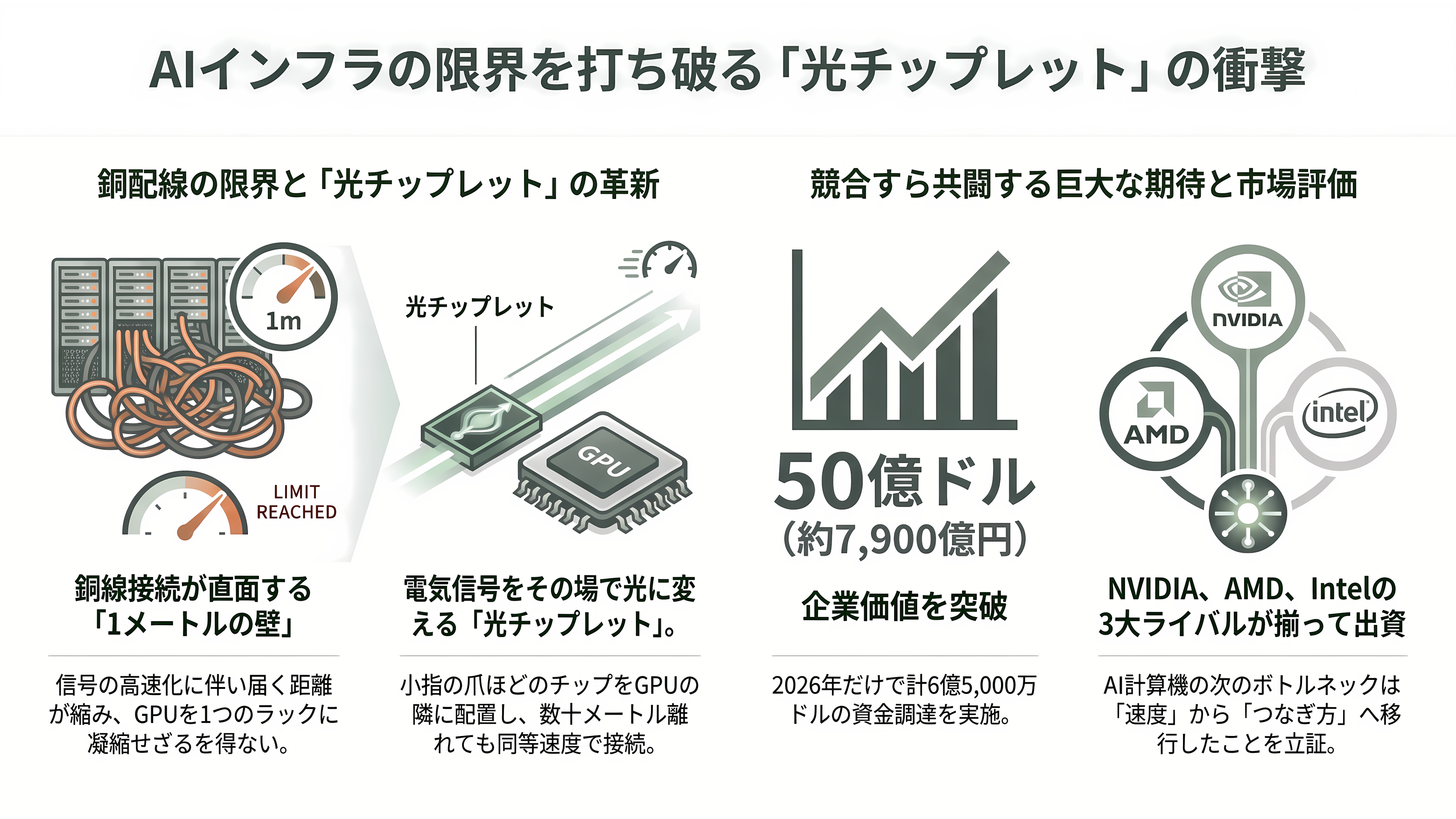 Ayar Labs(エイヤー・ラボ)、2026 年の調達額が約 1,000 億円に。評価額は 50億ドル超で、NVIDIA・AMD・Intel がそろって出資する光チップレットの本命 - 3キロの銅線を、光ファイバーに置き換える小さなチップ - 章扉