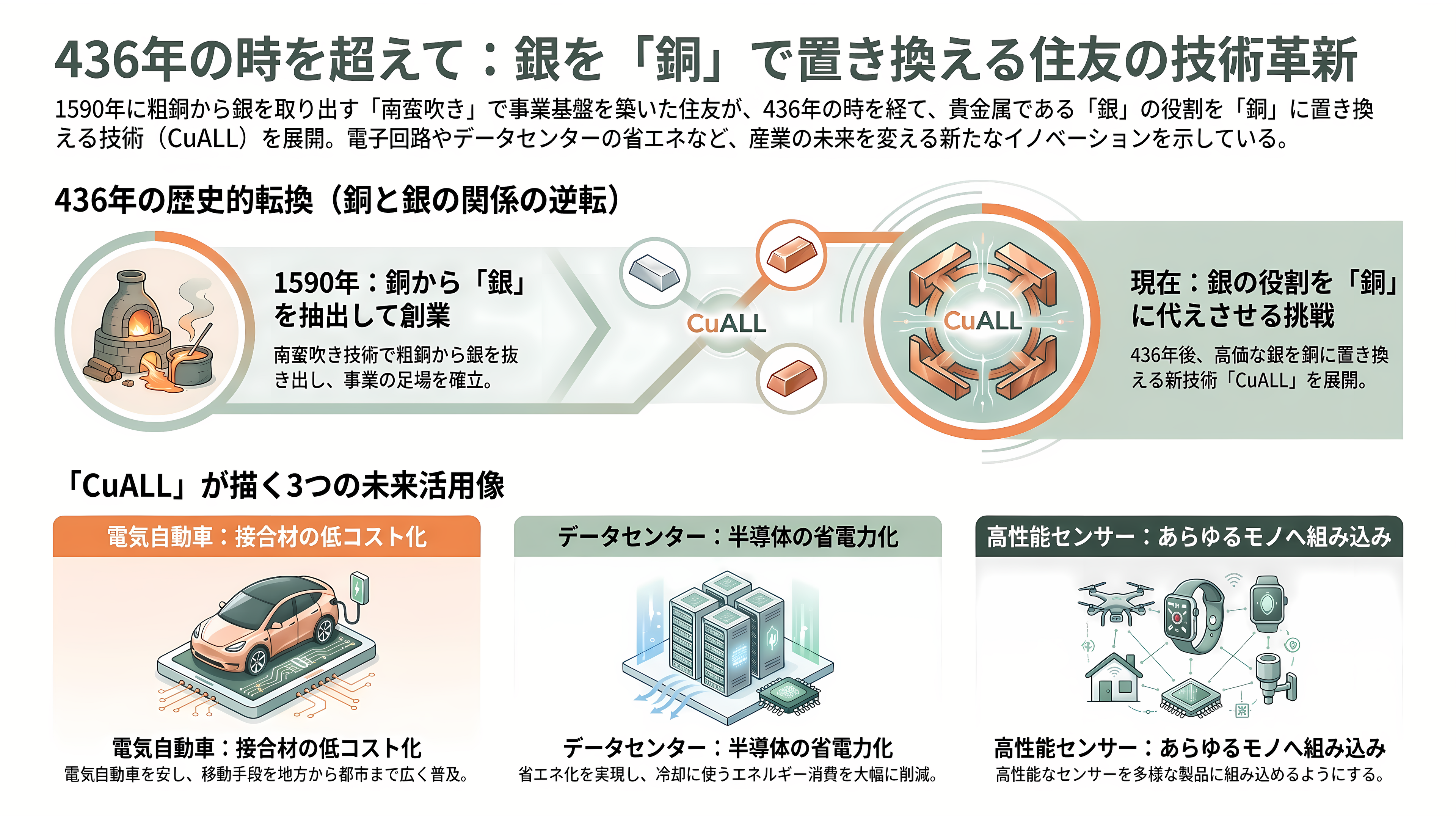 住友金属鉱山(5713)、パワー半導体向けナノ銅粉の量産を開始。新ブランドCuALL(キュオール)として展開 - 銀を取り出した会社が、銀を銅に置き換える - 章扉