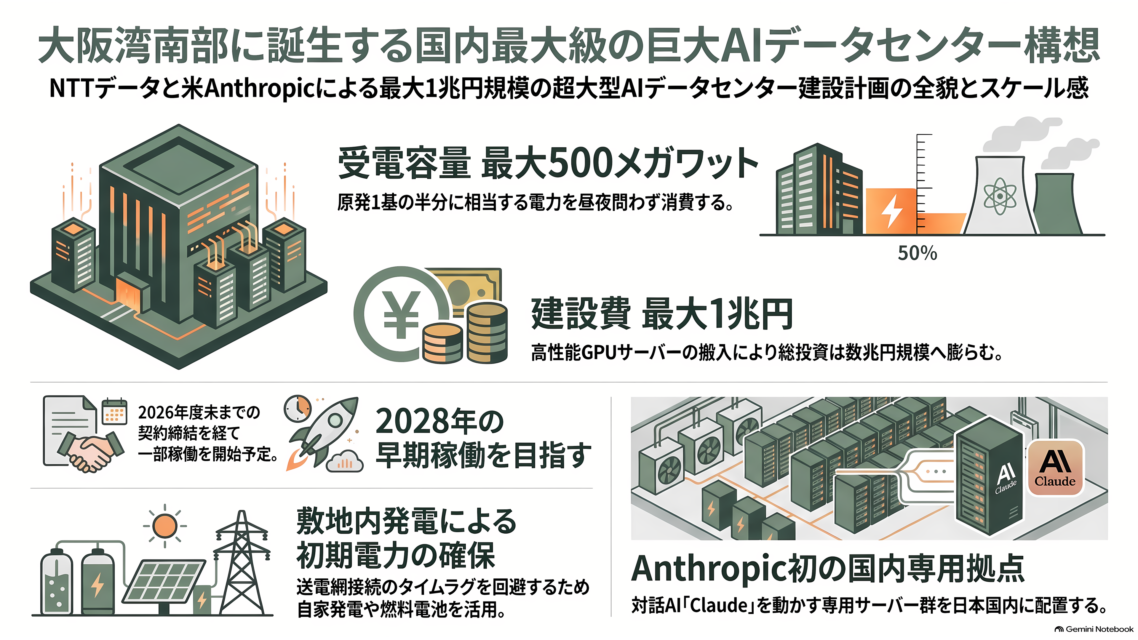 IOWNとAIは繋がるか。NTTデータ、米アンソロピック向け、最大1兆円のデータセンター建設へ最終協議 - 大阪湾の南に、原発1基の半分の電気を飲み込む建物 - 章扉