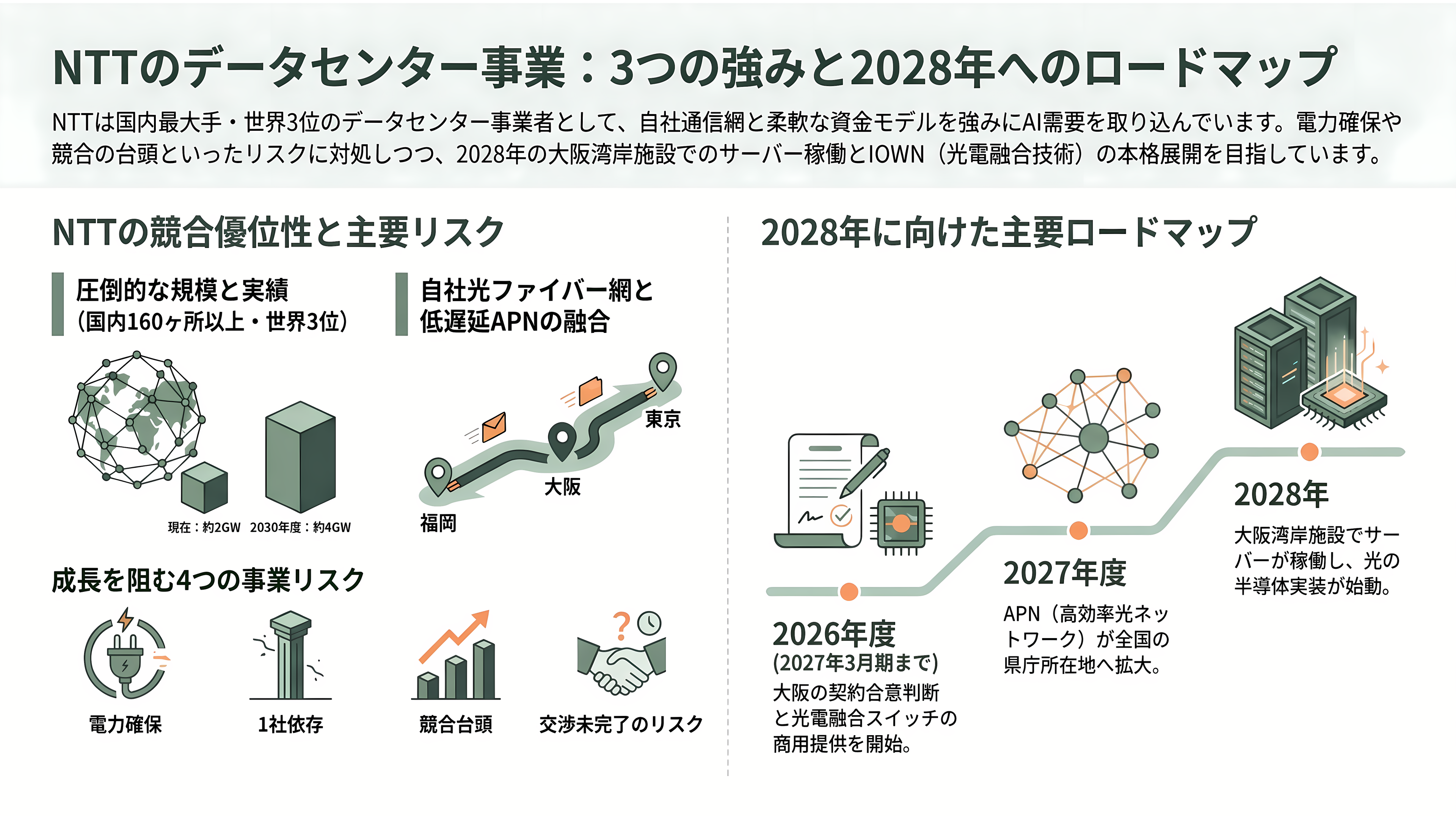 IOWNとAIは繋がるか。NTTデータ、米アンソロピック向け、最大1兆円のデータセンター建設へ最終協議 - NTTの強みと今後：2026年度末の契約から2028年の稼働へ - 章扉