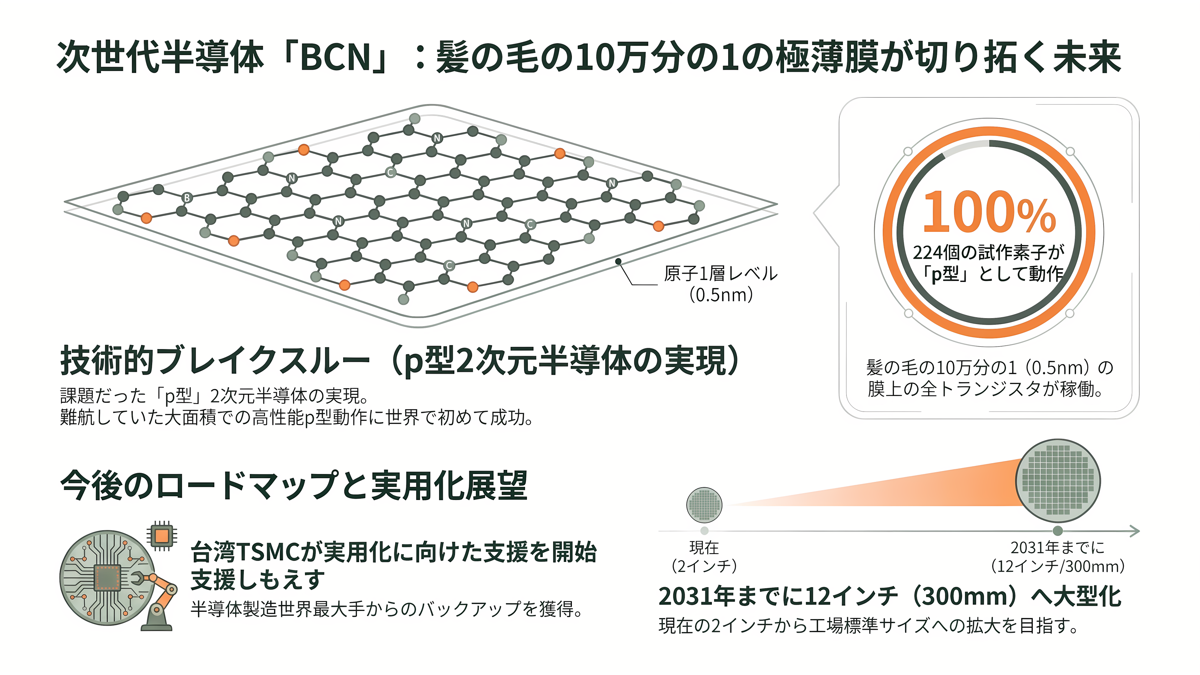 東京大学Vincent Tung（ヴィンセント・タン）らの研究チーム、半導体新素材BCNを開発。成果はネイチャーに掲載、TSMCも支援 - 髪の毛の10万分の1の膜が、円盤を覆う - 章扉