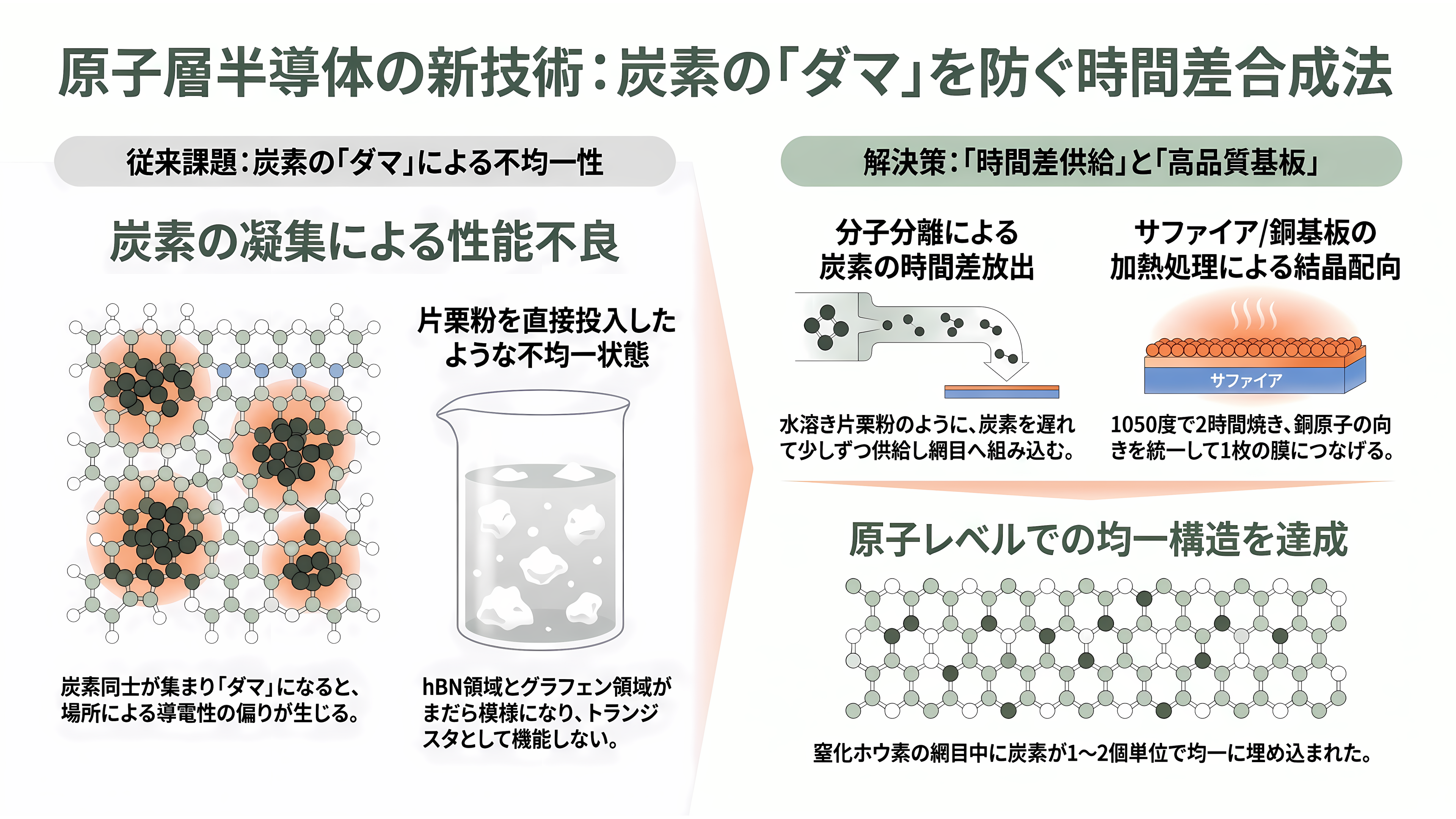 東京大学Vincent Tung（ヴィンセント・タン）らの研究チーム、半導体新素材BCNを開発。成果はネイチャーに掲載、TSMCも支援 - 片栗粉のダマを防ぐ「時間差」 - 章扉