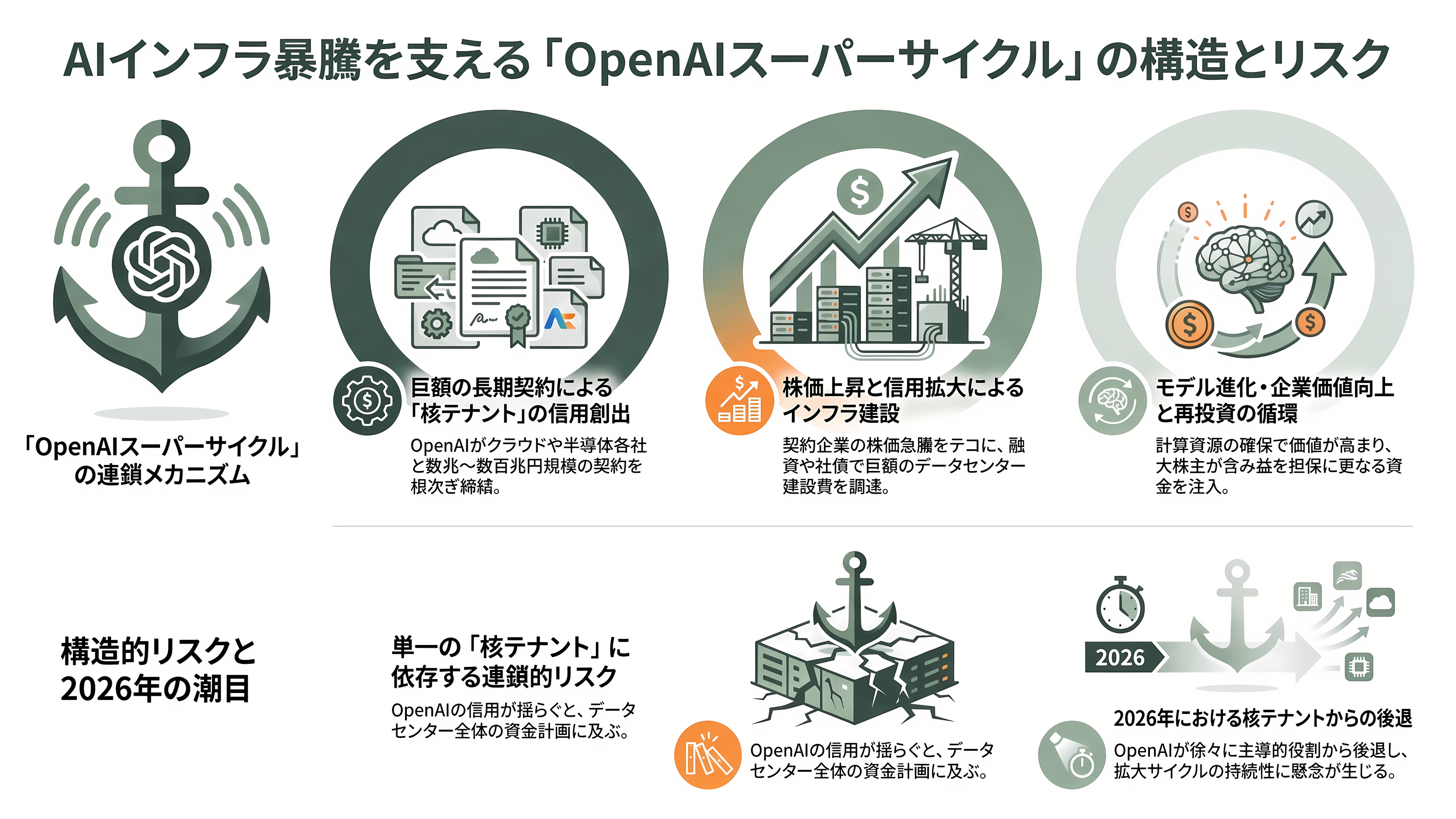 OpenAIスーパーサイクルの終焉か。ソフトバンクG株価続落、1か月で30%超。データセンター運営デイワンも規模縮小報道。OpenAIの後退はどこに影響を及ぼすか - OpenAIは「核テナント」だった - 章扉