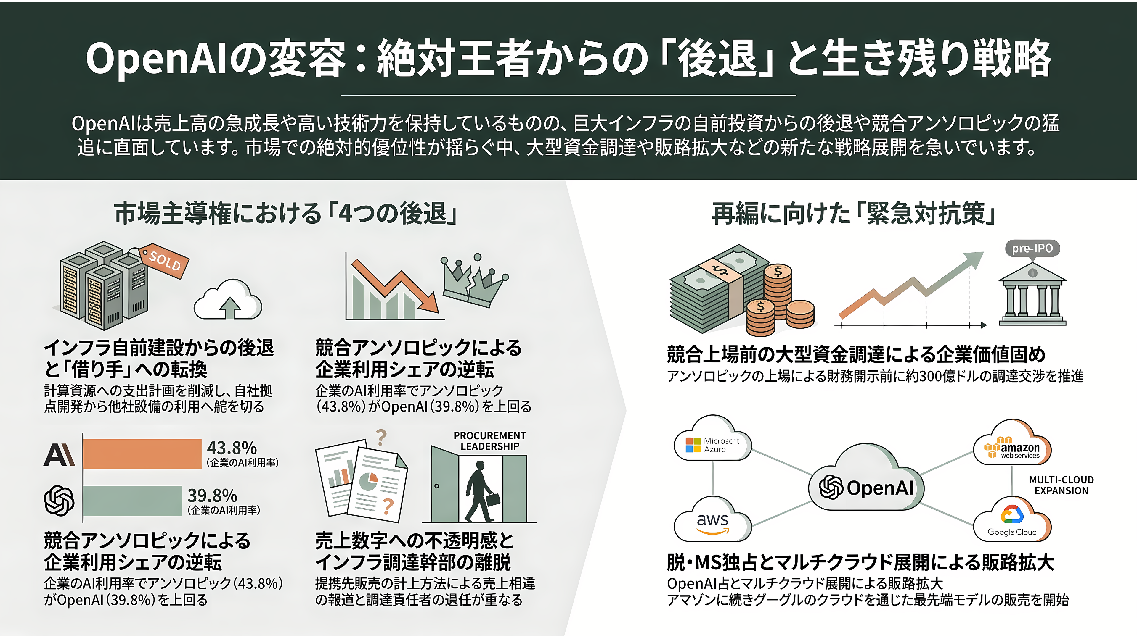 OpenAIスーパーサイクルの終焉か。ソフトバンクG株価続落、1か月で30%超。データセンター運営デイワンも規模縮小報道。OpenAIの後退はどこに影響を及ぼすか - OpenAIは何から後退しているのか - 章扉