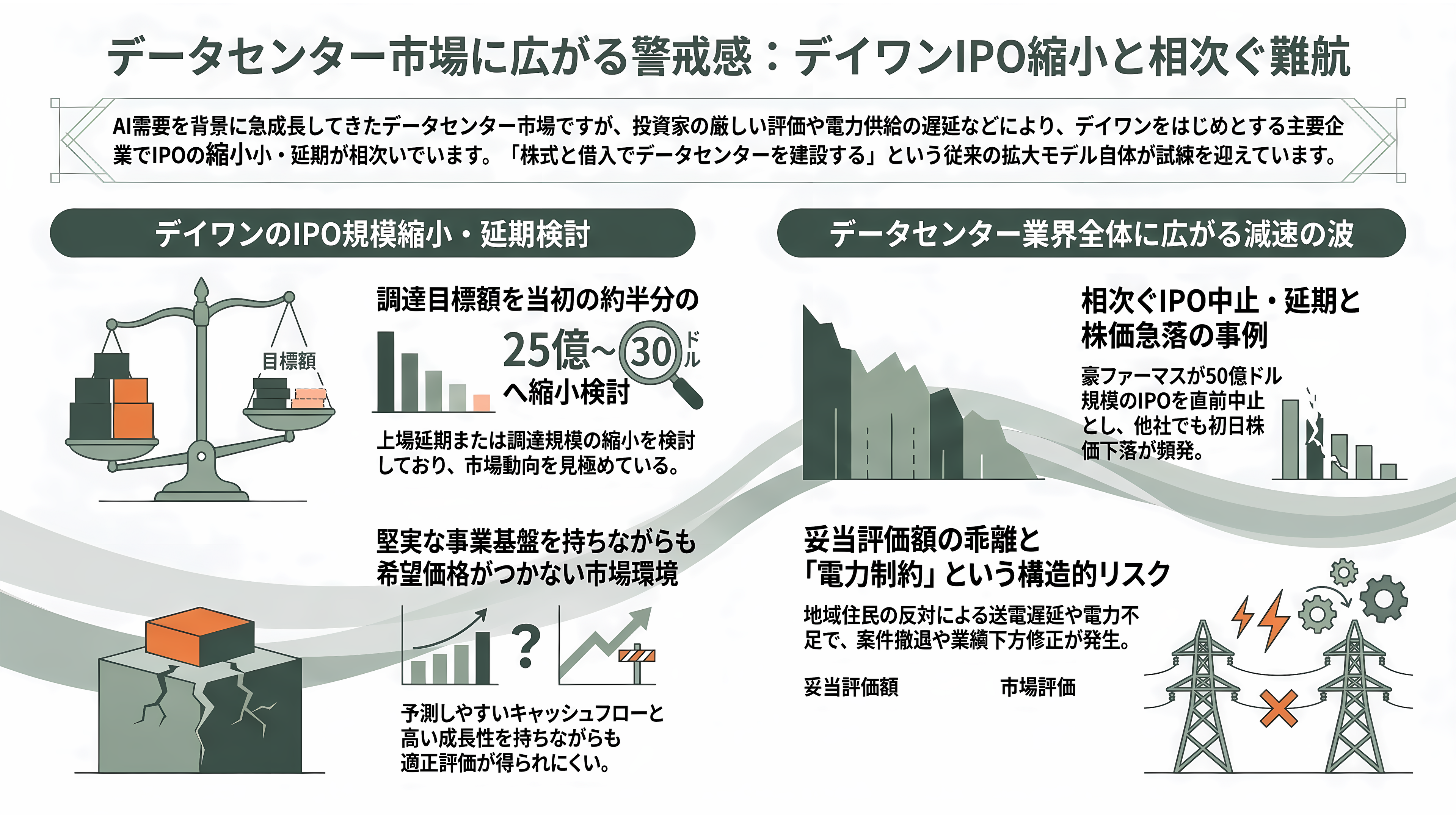 OpenAIスーパーサイクルの終焉か。ソフトバンクG株価続落、1か月で30%超。データセンター運営デイワンも規模縮小報道。OpenAIの後退はどこに影響を及ぼすか - デイワン「規模縮小」報道の中身 - 章扉