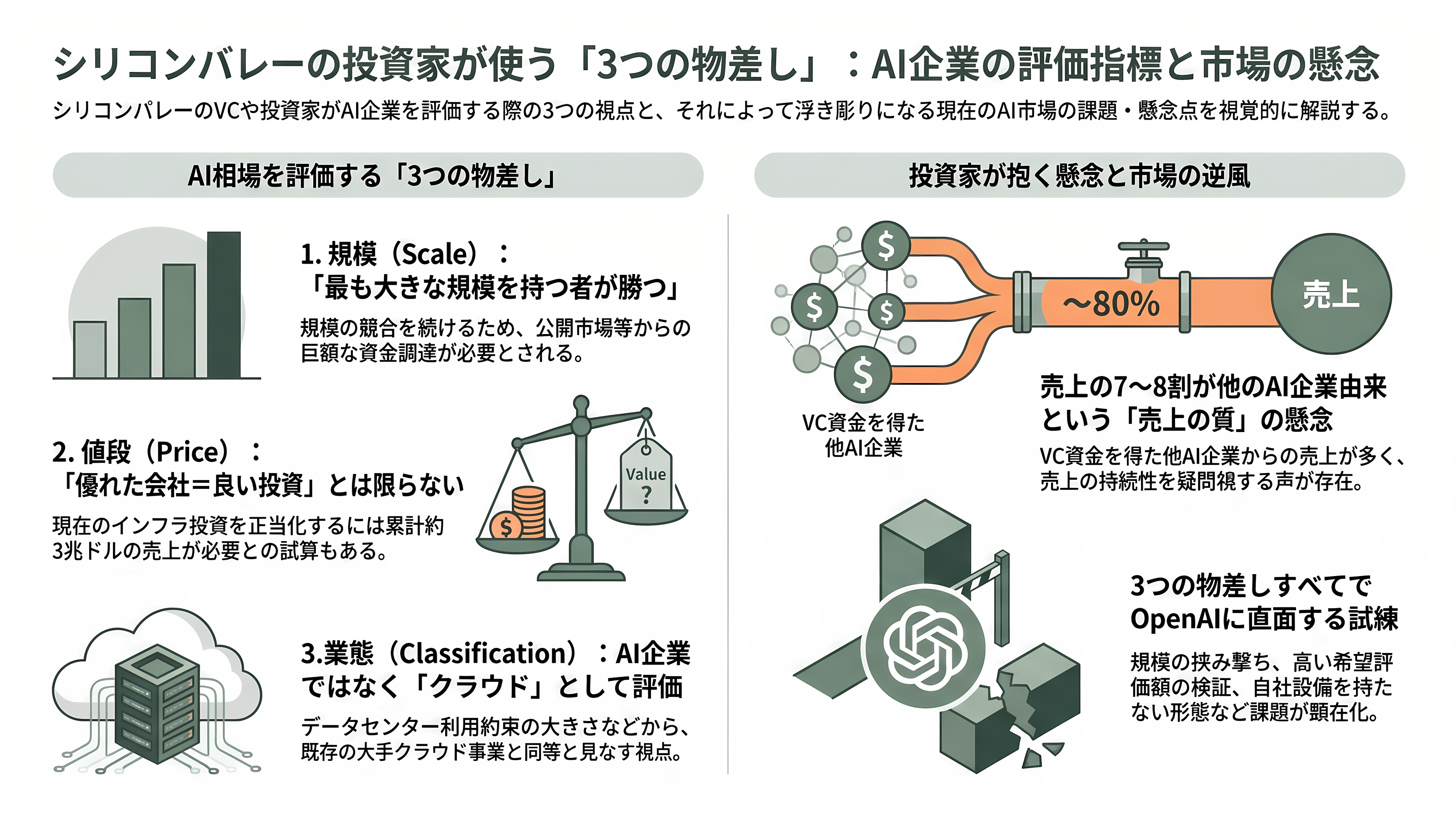 OpenAIスーパーサイクルの終焉か。ソフトバンクG株価続落、1か月で30%超。データセンター運営デイワンも規模縮小報道。OpenAIの後退はどこに影響を及ぼすか - シリコンバレーの投資家が使う3つの物差し - 章扉
