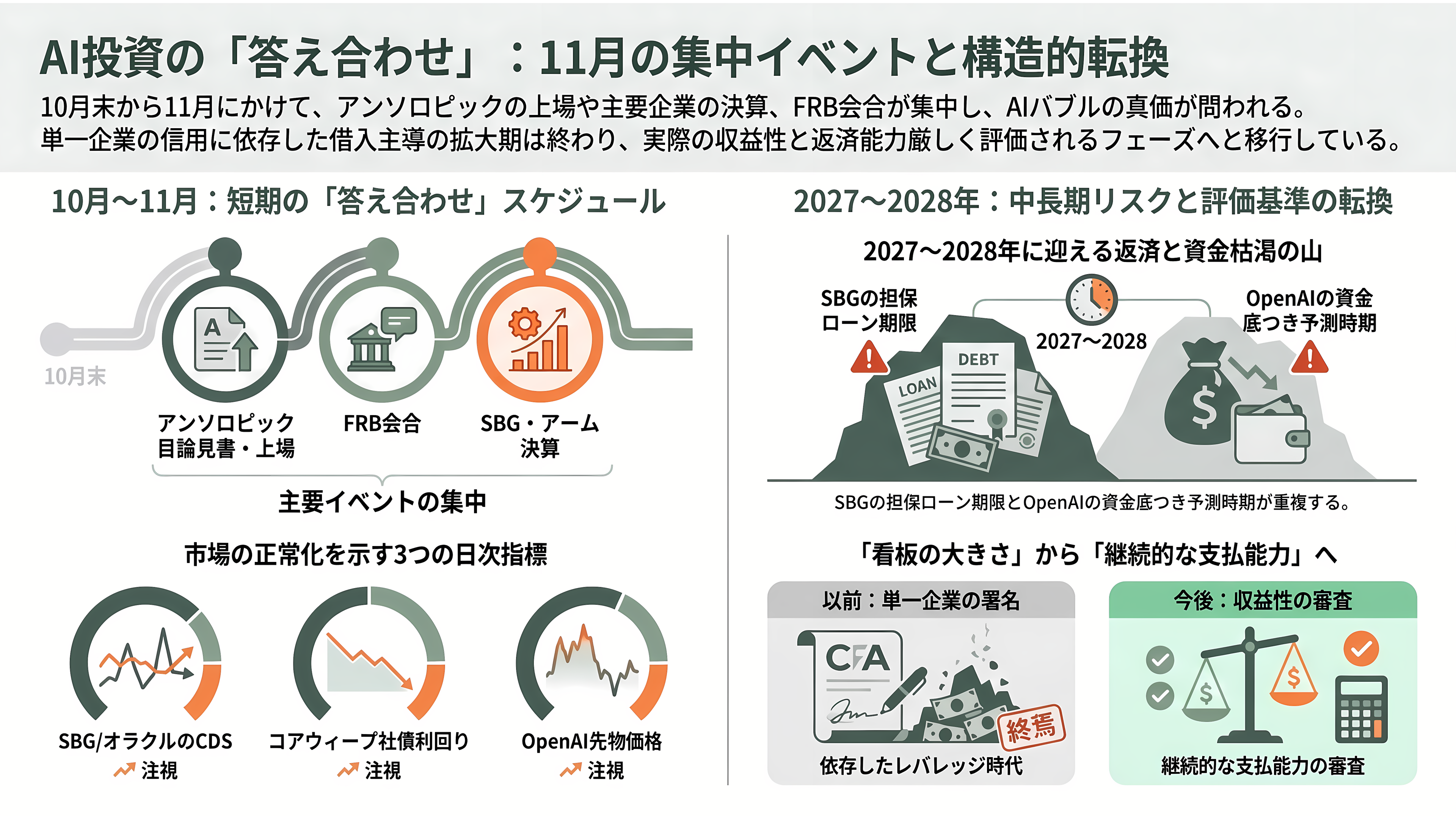 OpenAIスーパーサイクルの終焉か。ソフトバンクG株価続落、1か月で30%超。データセンター運営デイワンも規模縮小報道。OpenAIの後退はどこに影響を及ぼすか - 今後——11月に来る答え合わせ - 章扉