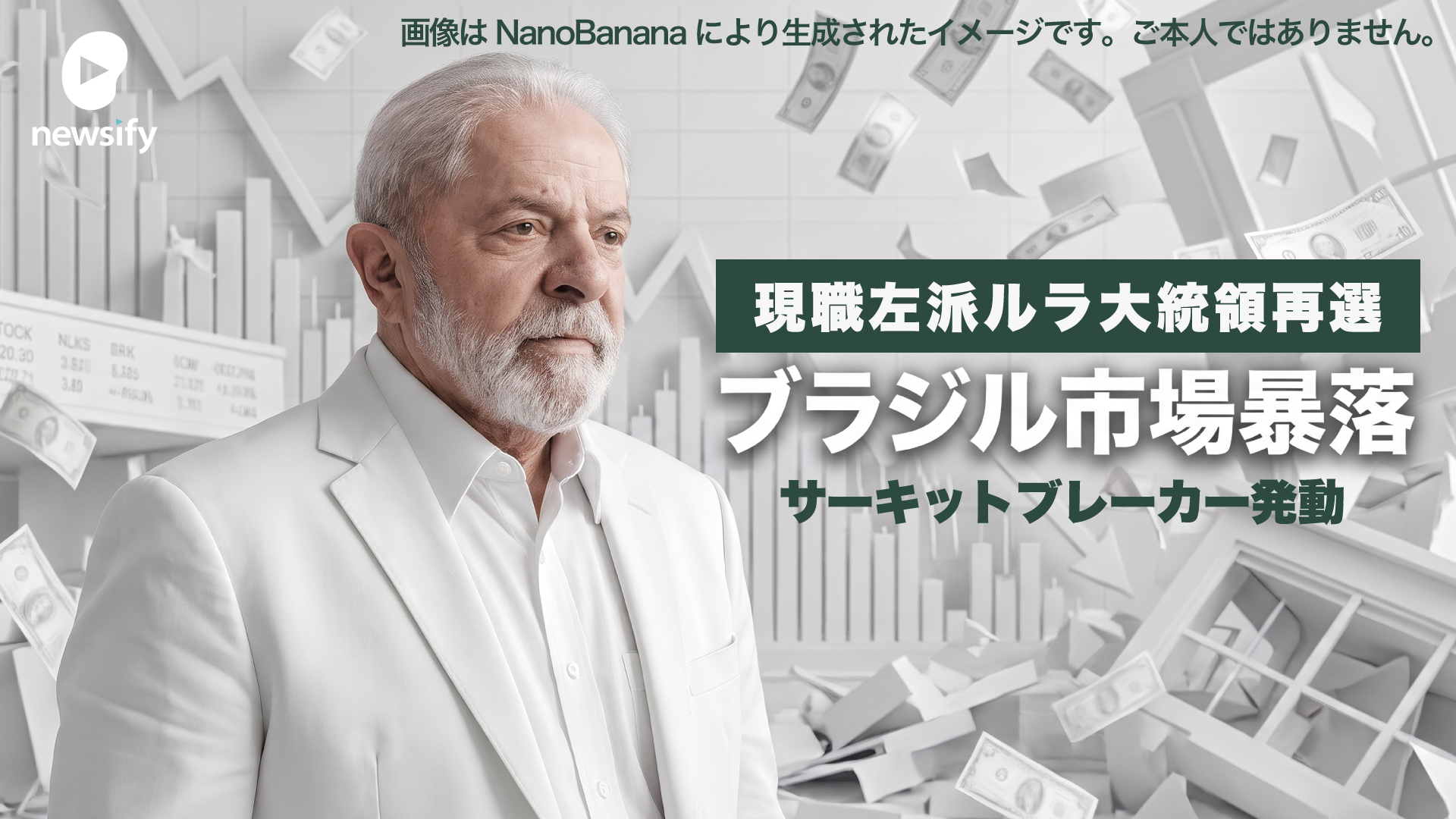 ブラジル市場、ルラ大統領再選を受け暴落。寄り付き直後に10%下げ、サーキットブレーカー発動。その後も下がり15%超安。通貨リラも10%安