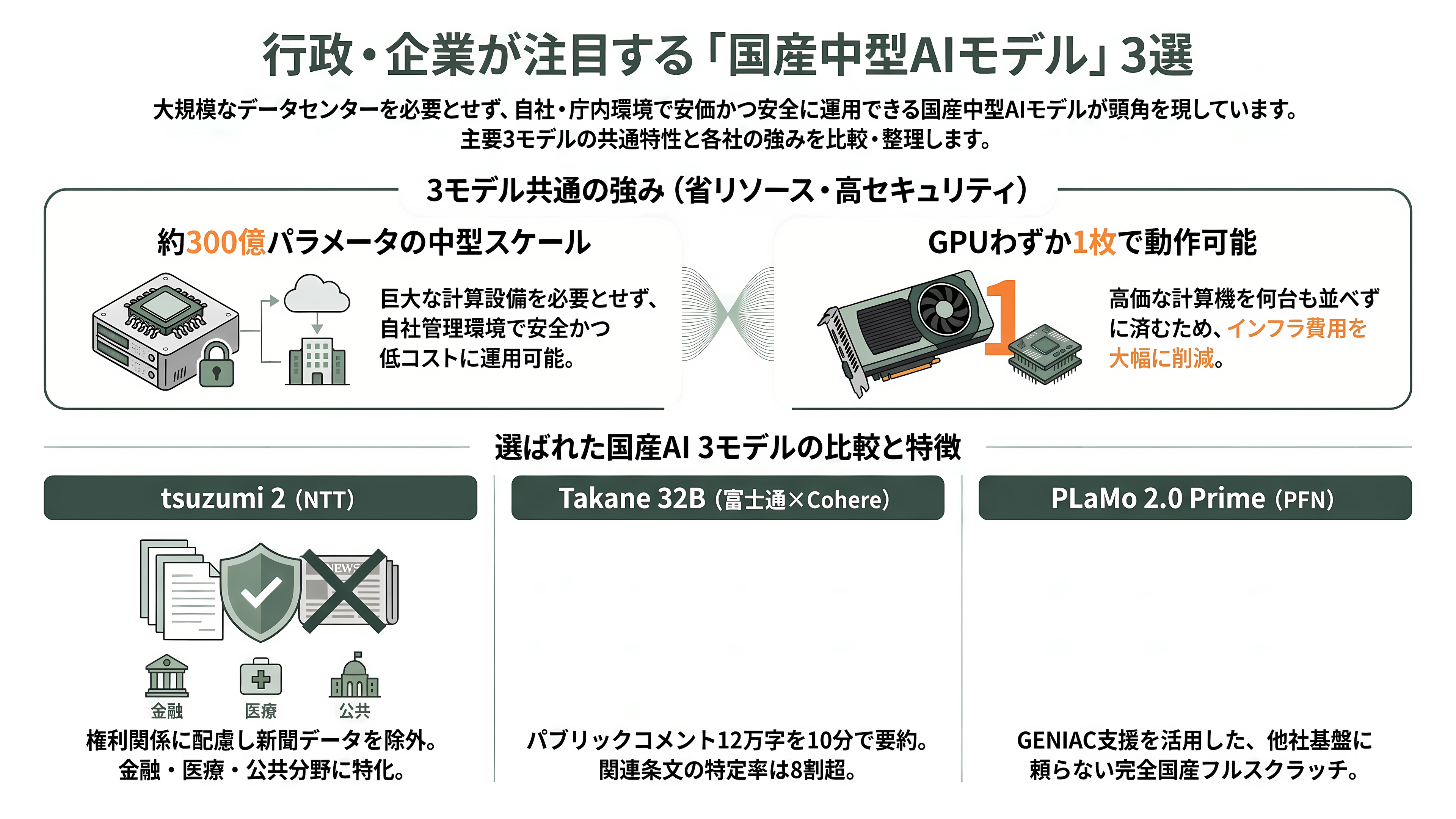 ガバメントAI源内（げんない） 選ばれた3モデル、NTTデータ tsuzumi 2、富士通 Takane 32B、PFN PLaMo 2.0 Primeの試験運用開始 - 選ばれた3モデルの素顔 - 章扉