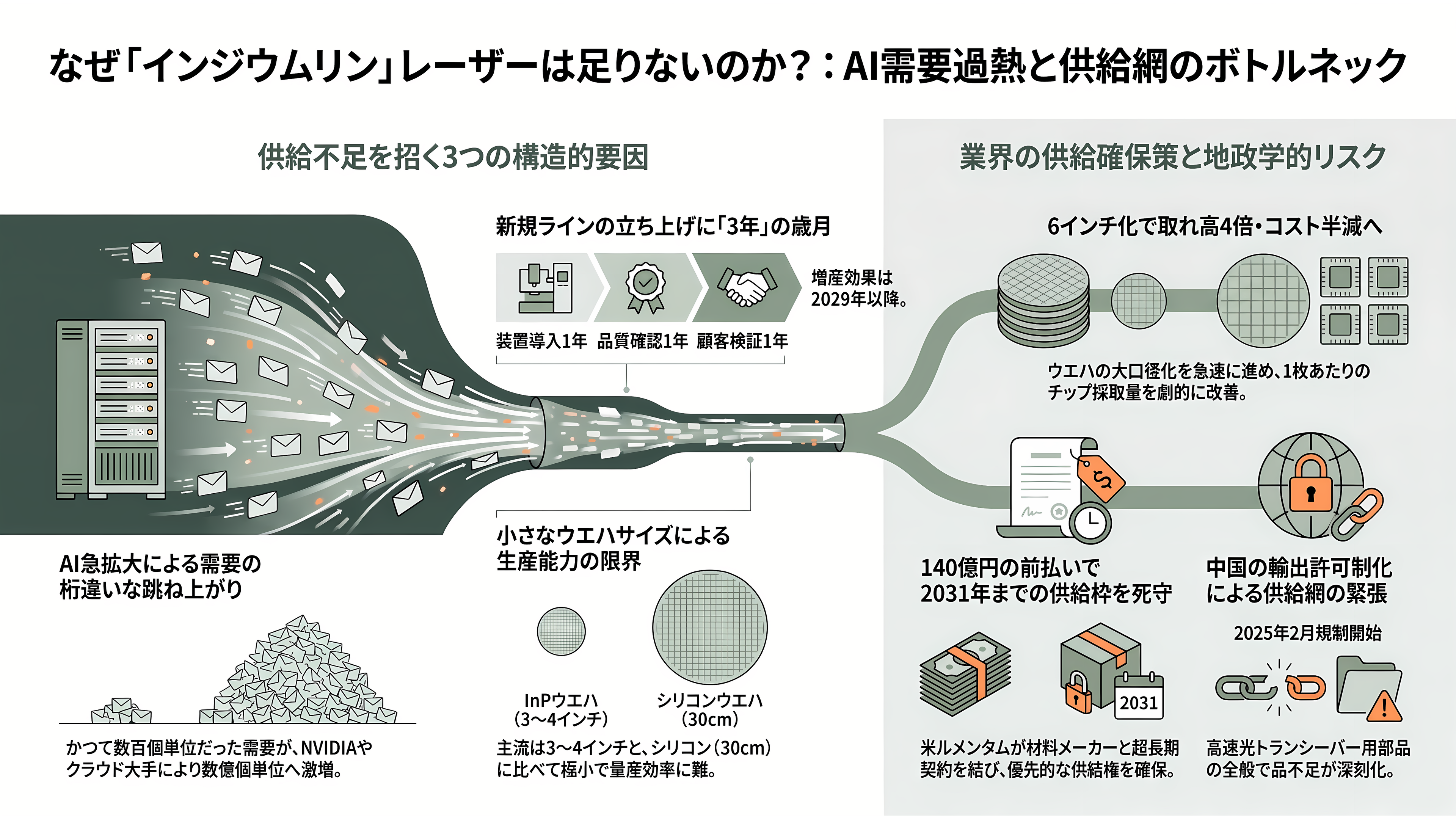 Lumentum(ルメンタム)CEO、光部品は2029 年までほぼ売り切れと発言。三菱電機・住友電工・古河電工にとっては追い風 - なぜ足りないのか:作るのに3年かかるインジウムリン - 章扉