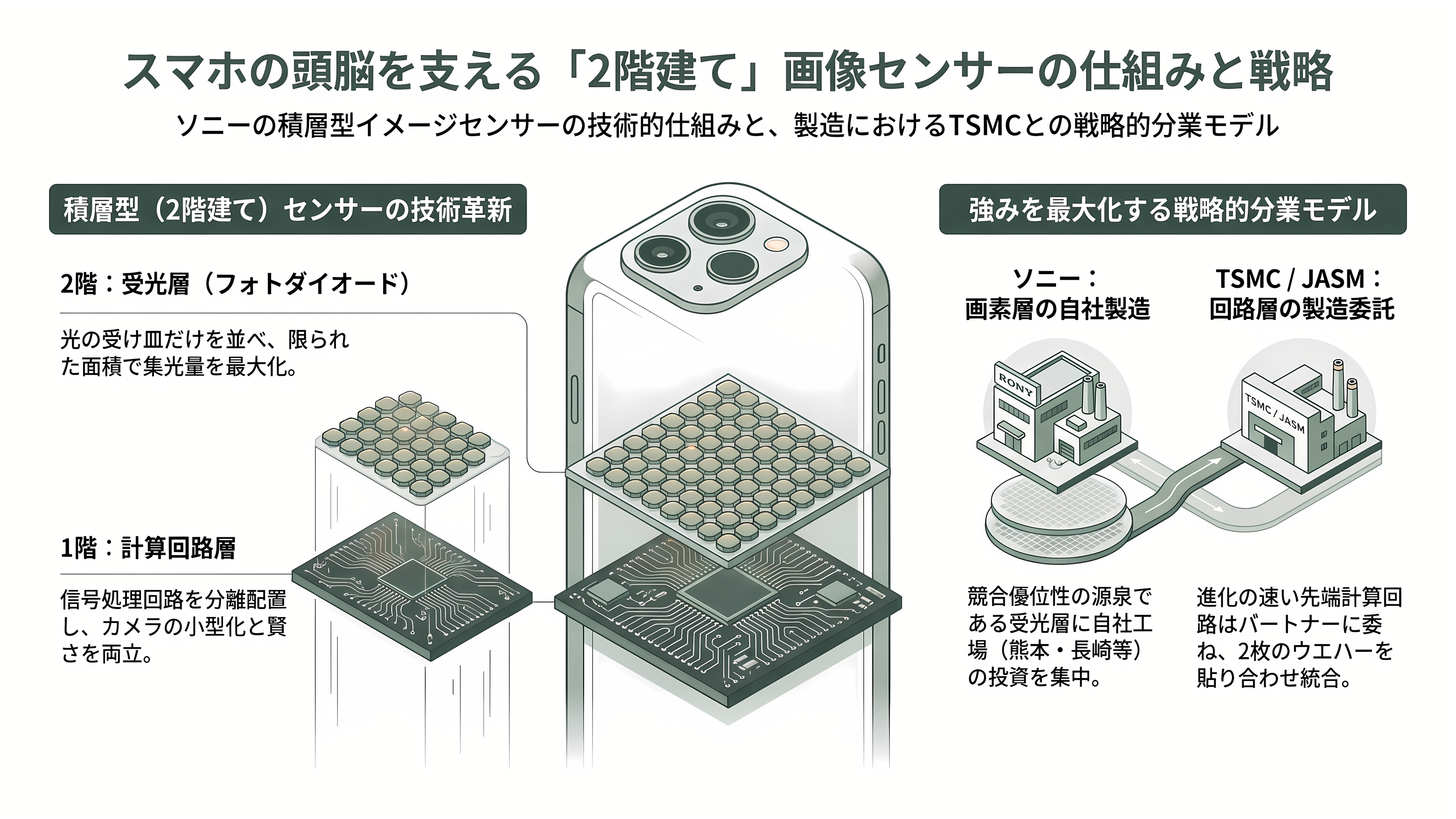 イメージセンサーで世界シェア5割。電子の眼の王者ソニー（6758）、TSMCと熊本に約1兆円の製造合弁。5月に基本合意、2029年量産へ - 数千万個の「光のバケツ」と、二階建ての構造 - 章扉