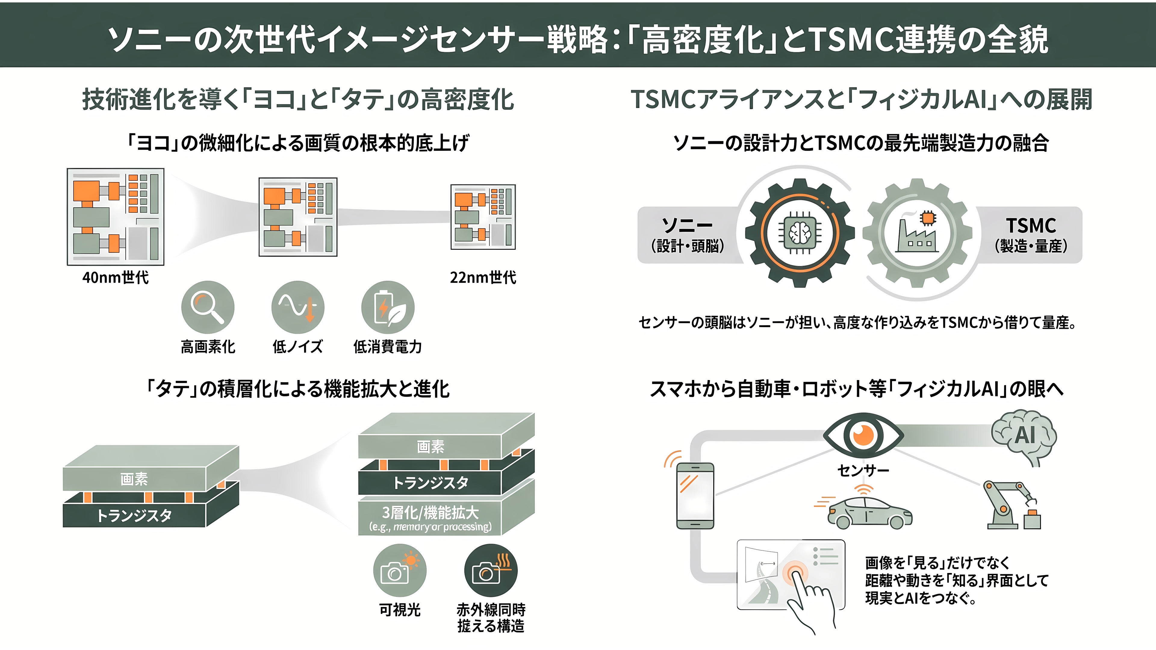 イメージセンサーで世界シェア5割。電子の眼の王者ソニー（6758）、TSMCと熊本に約1兆円の製造合弁。5月に基本合意、2029年量産へ - 次世代イメージセンサーとは何か ── 「ヨコ」と「タテ」に詰め込む - 章扉