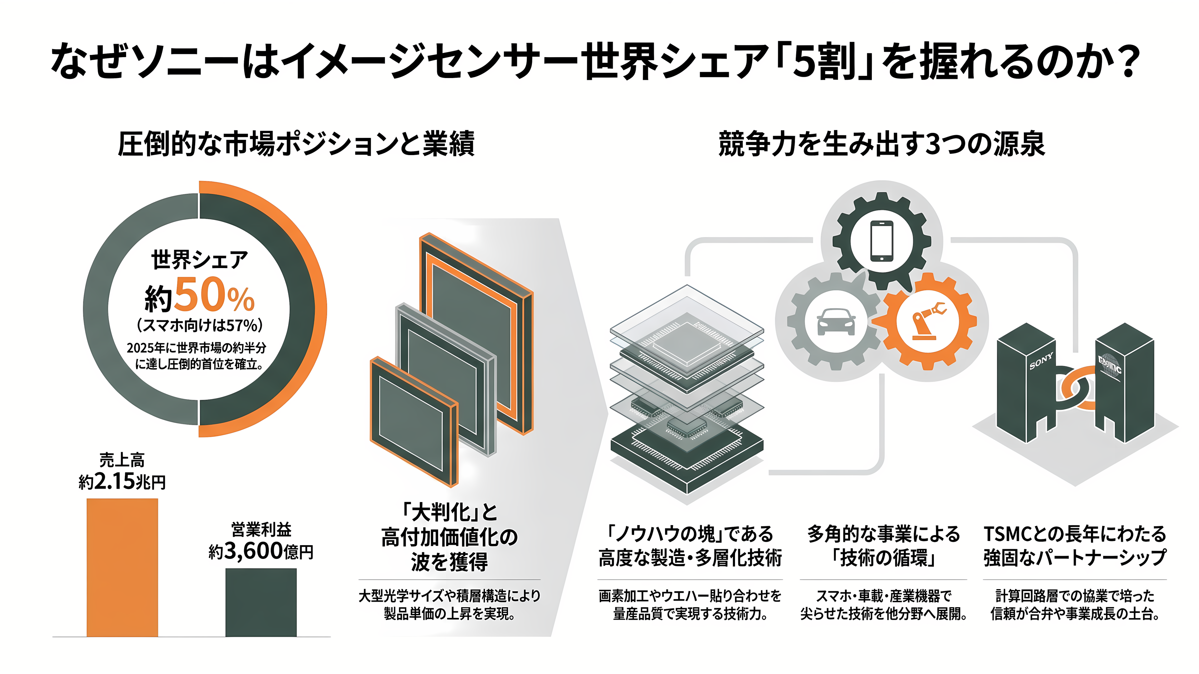 イメージセンサーで世界シェア5割。電子の眼の王者ソニー（6758）、TSMCと熊本に約1兆円の製造合弁。5月に基本合意、2029年量産へ - 強み ── なぜソニーは「5割」を握れるのか - 章扉