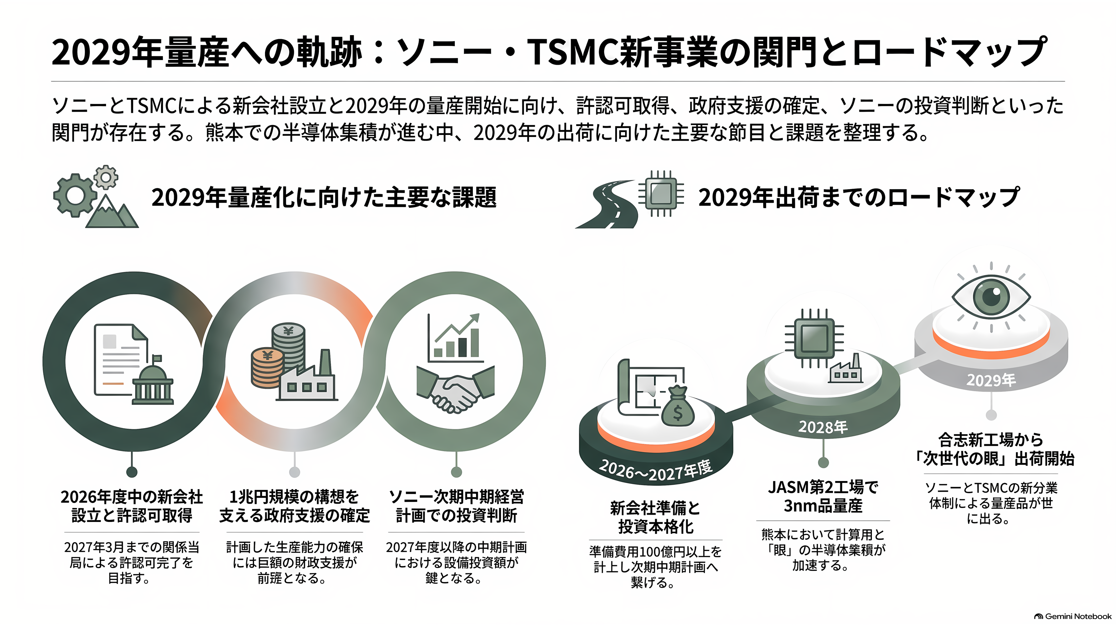 イメージセンサーで世界シェア5割。電子の眼の王者ソニー（6758）、TSMCと熊本に約1兆円の製造合弁。5月に基本合意、2029年量産へ - 今後 ── 2029年の量産までに見えてくる節目 - 章扉